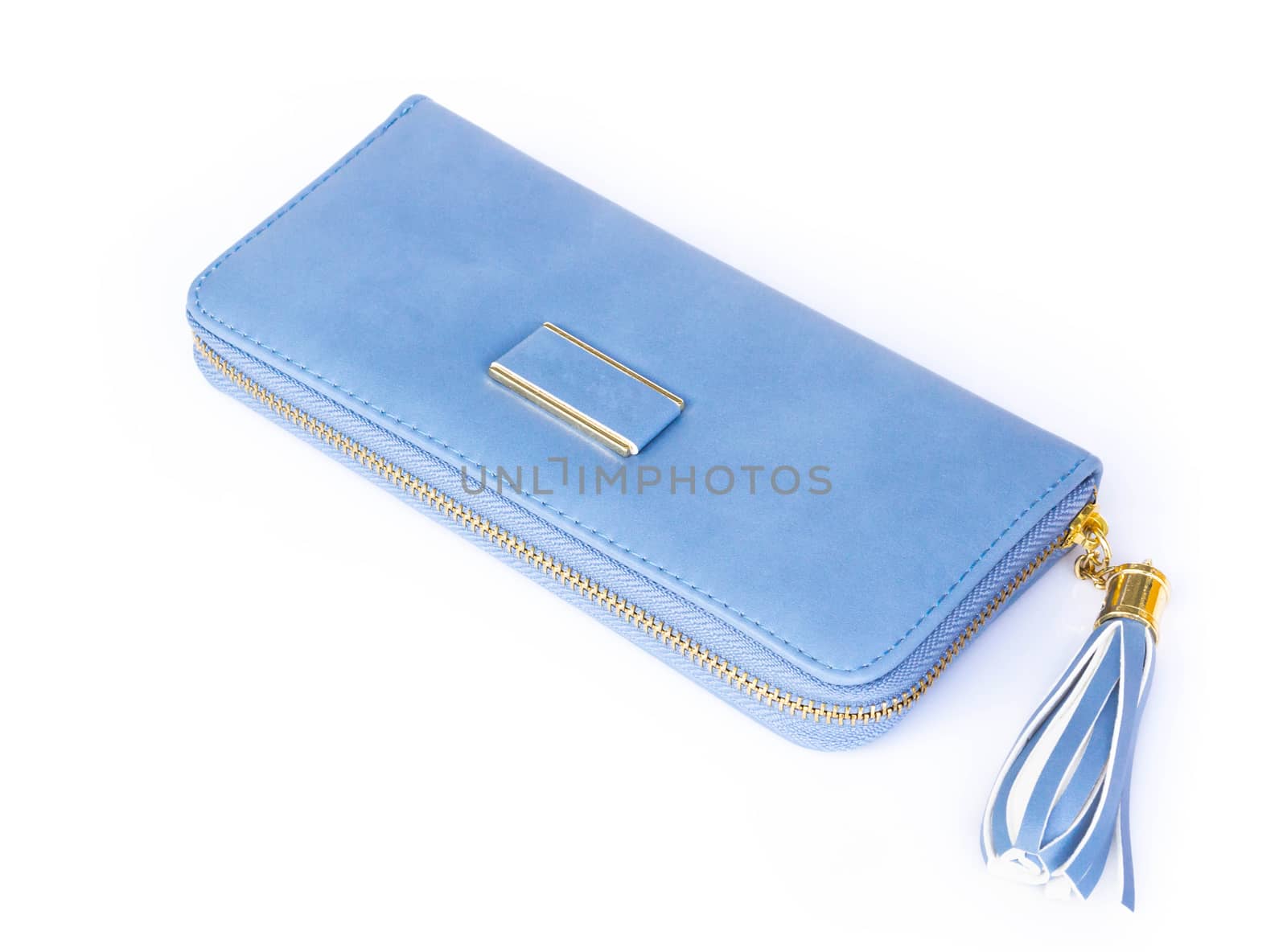 Closeup modern blue color woman wallet on white background
