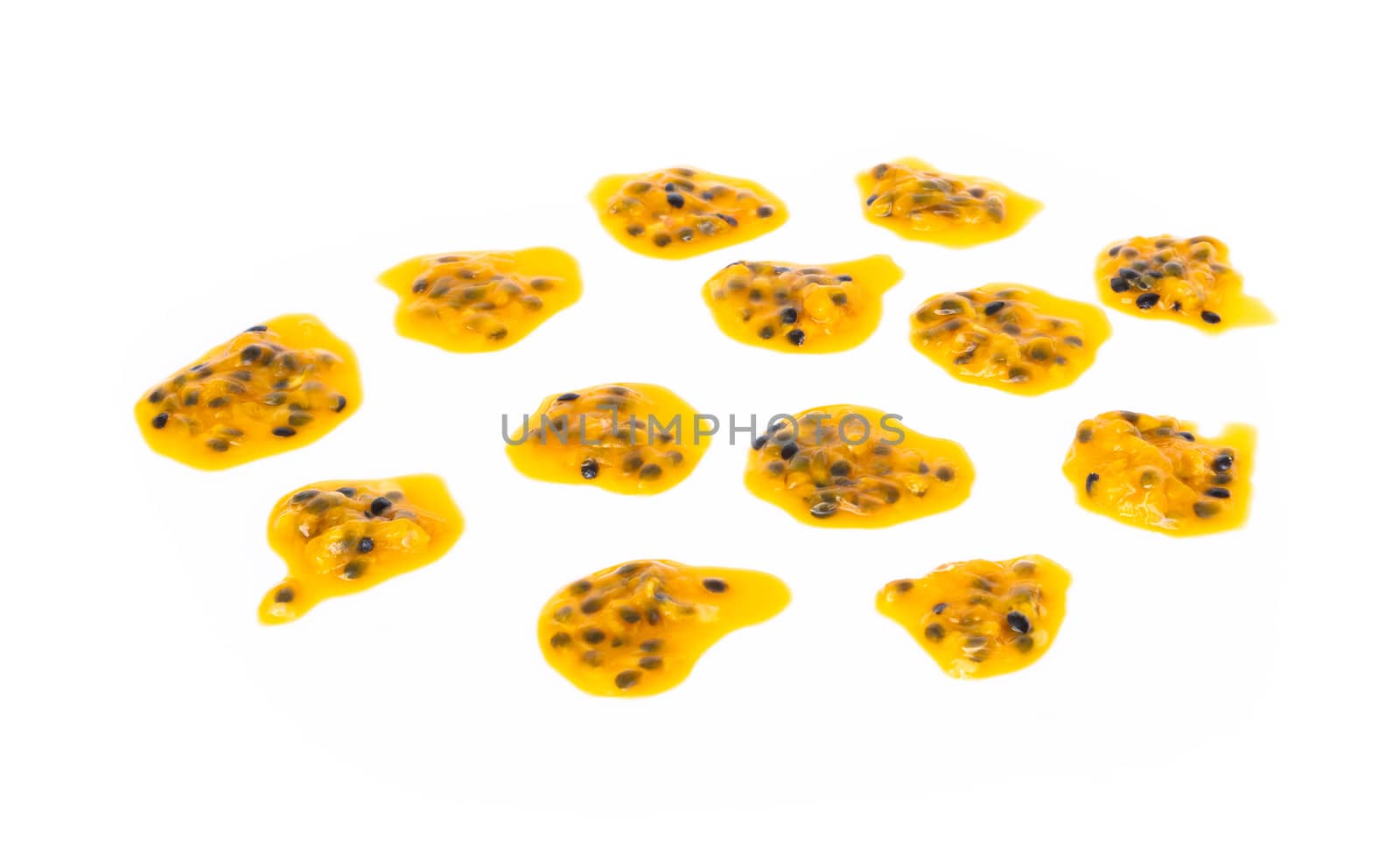 Closeup top view passion fruit seed on white background, fruit for healthy concept