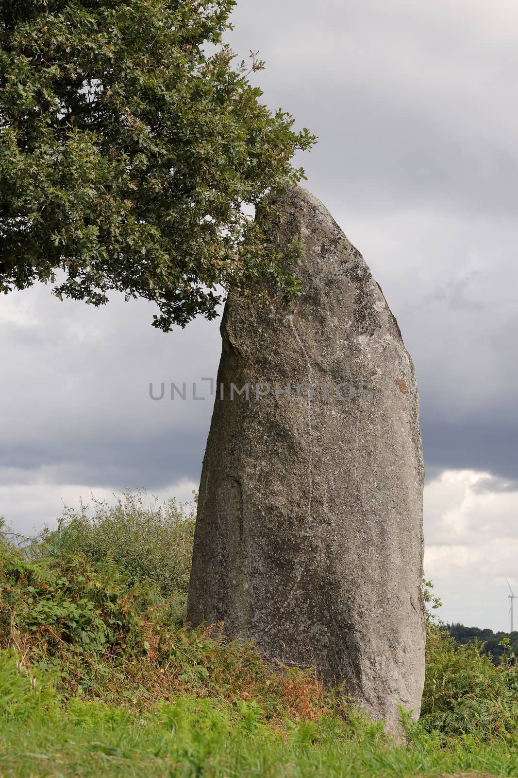 Menhir of Kergornec - megalithic monument near Saint-Gilles-Pligeaux village, department Cotes-d'Armor, Brittany, France
