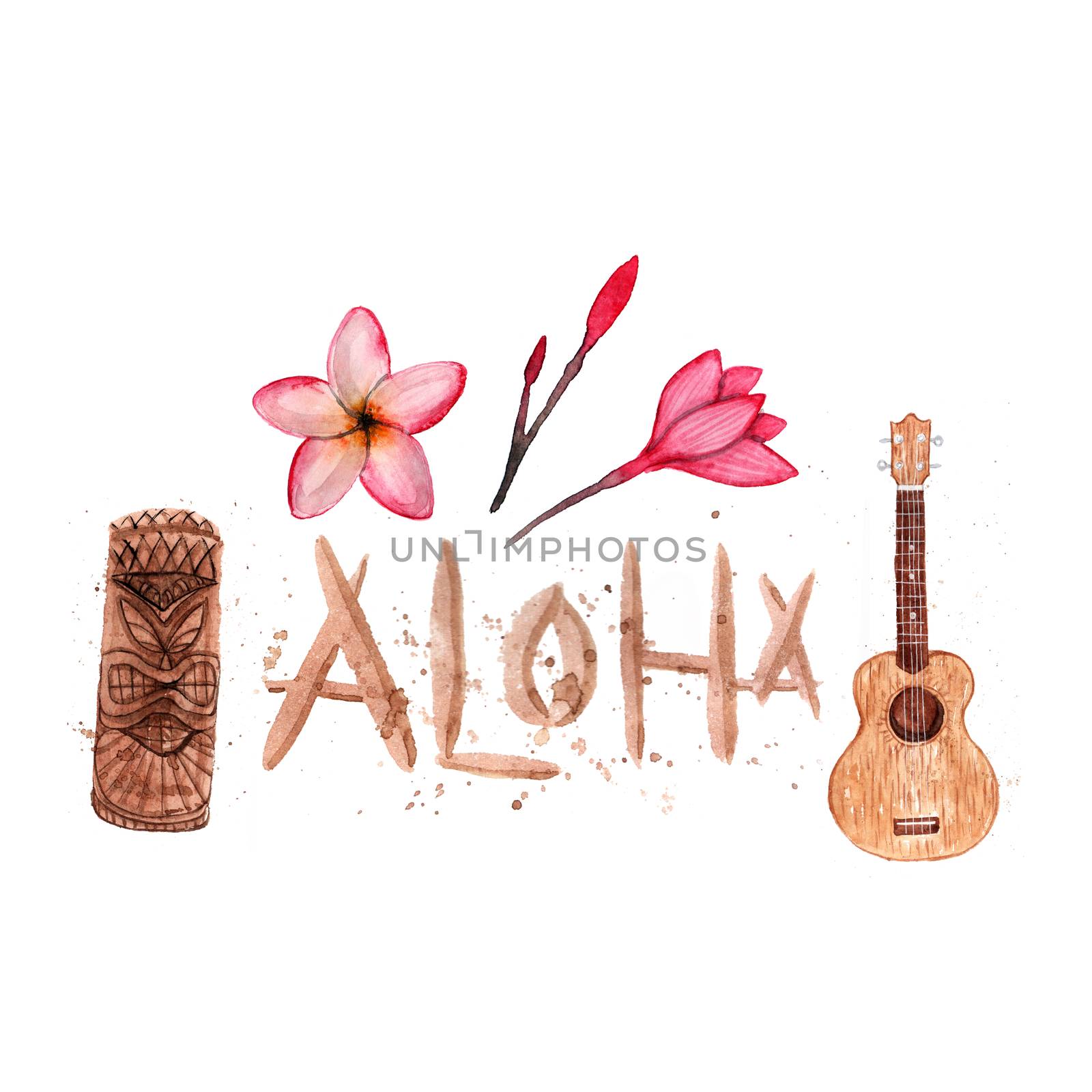 Hawaiian simbols - Luau, Aloha, Tiki, Ukulele, Plumeria Watercolor illustration Isolated on white