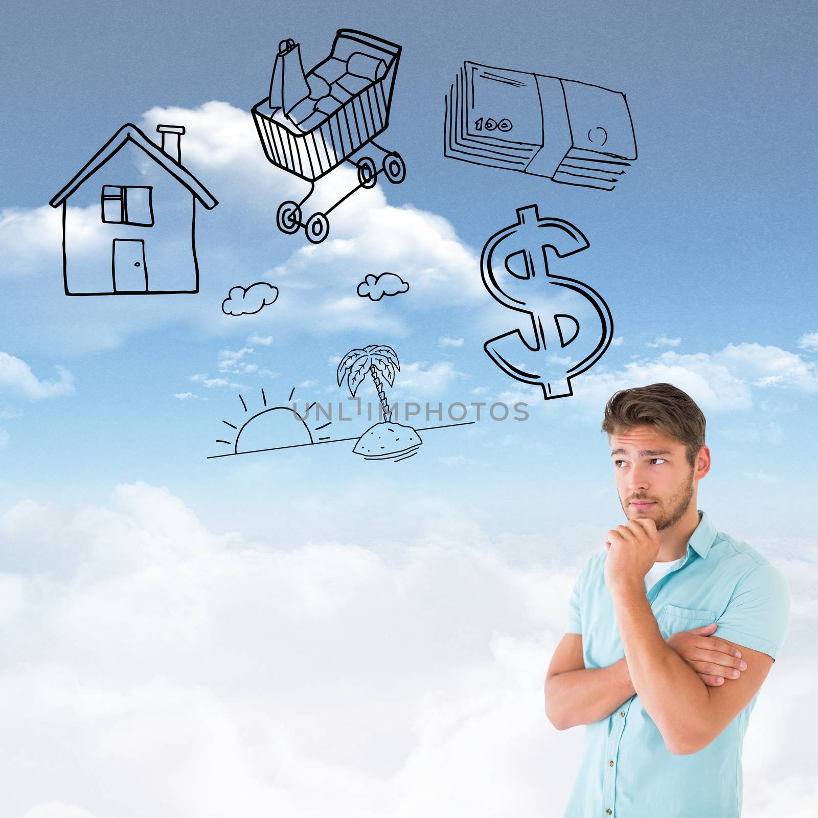 Handsome young man thinking with hand on chin against bright blue sky with clouds