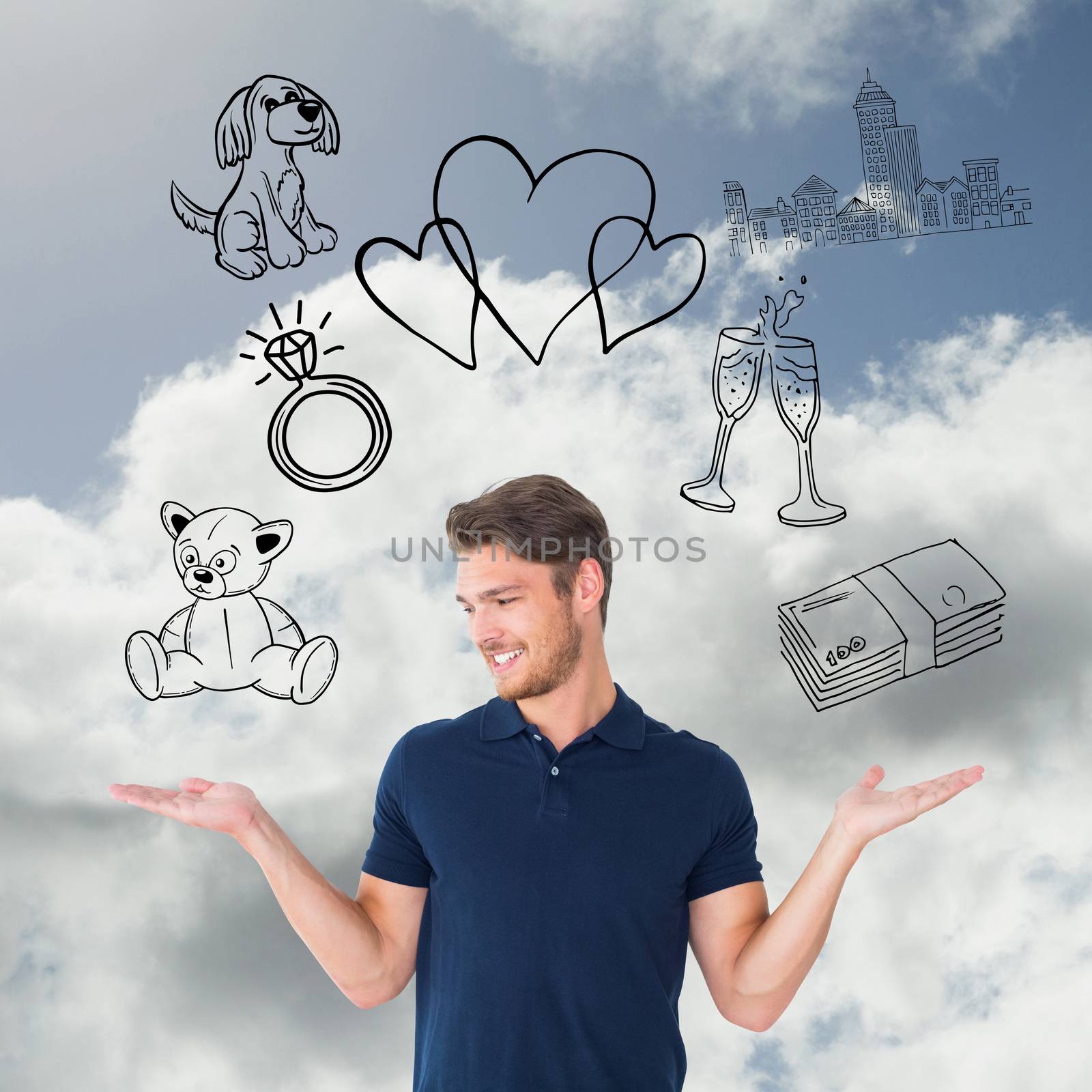 Handsome young man holding his hands out against blue sky with clouds