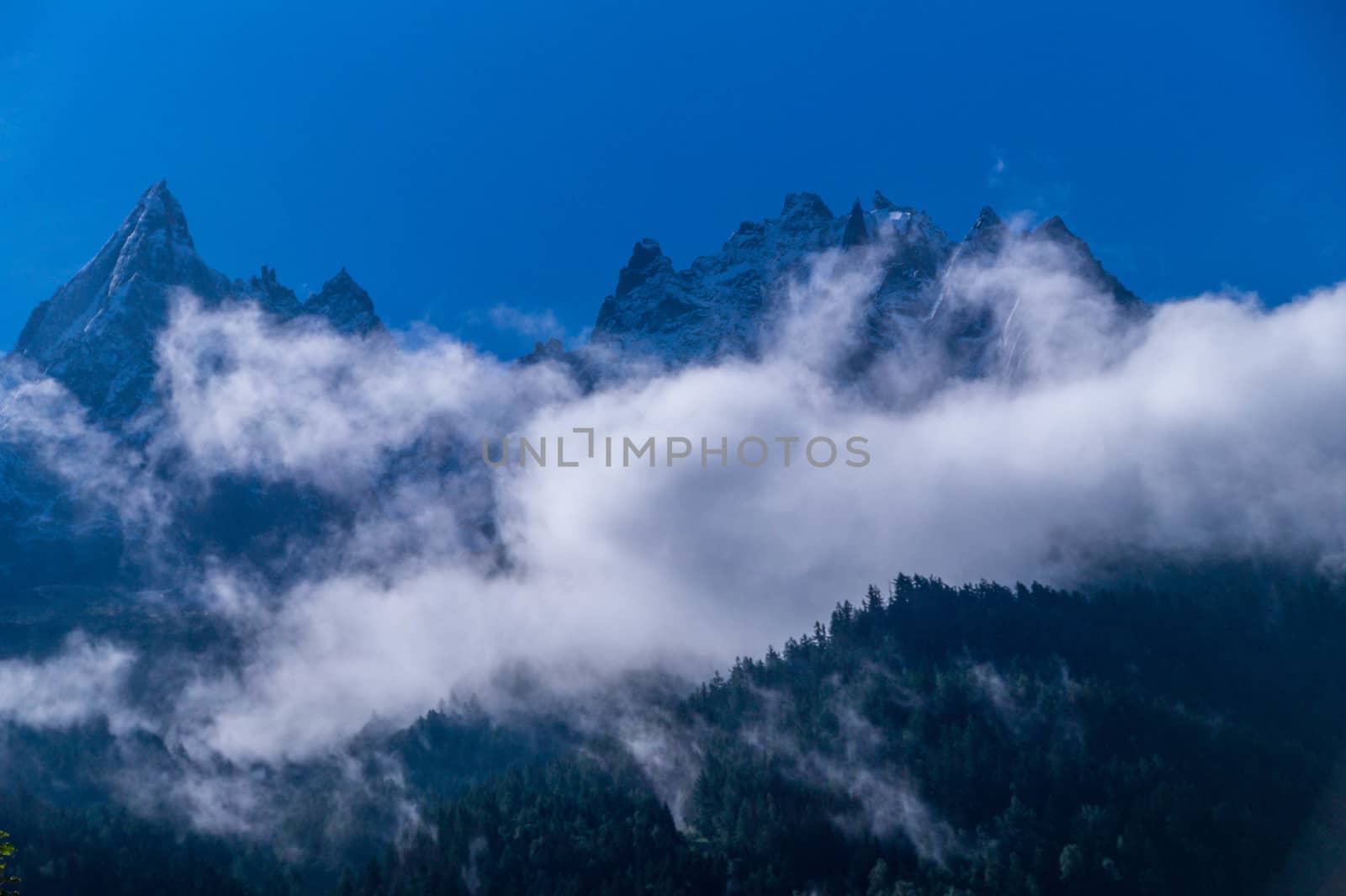 Chamonix needle with fog in the French Alps