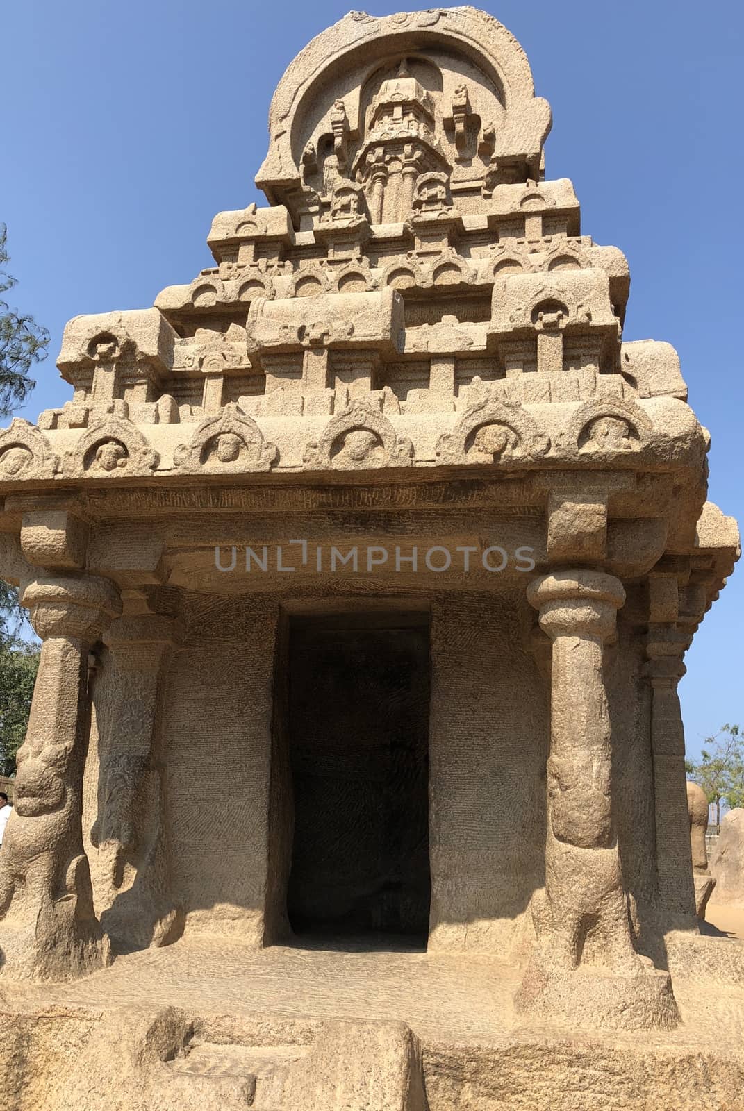 Nakula Sahadeva Ratha is a monument in the Pancha Rathas is an example of monolith Indian rock-cut architecture. Resembling a chariot ratha, it is carved out of a single, long stone of pink granite. This is one of the Group of Monuments at Mahabalipuram and also a UNESCO World Heritage Site.