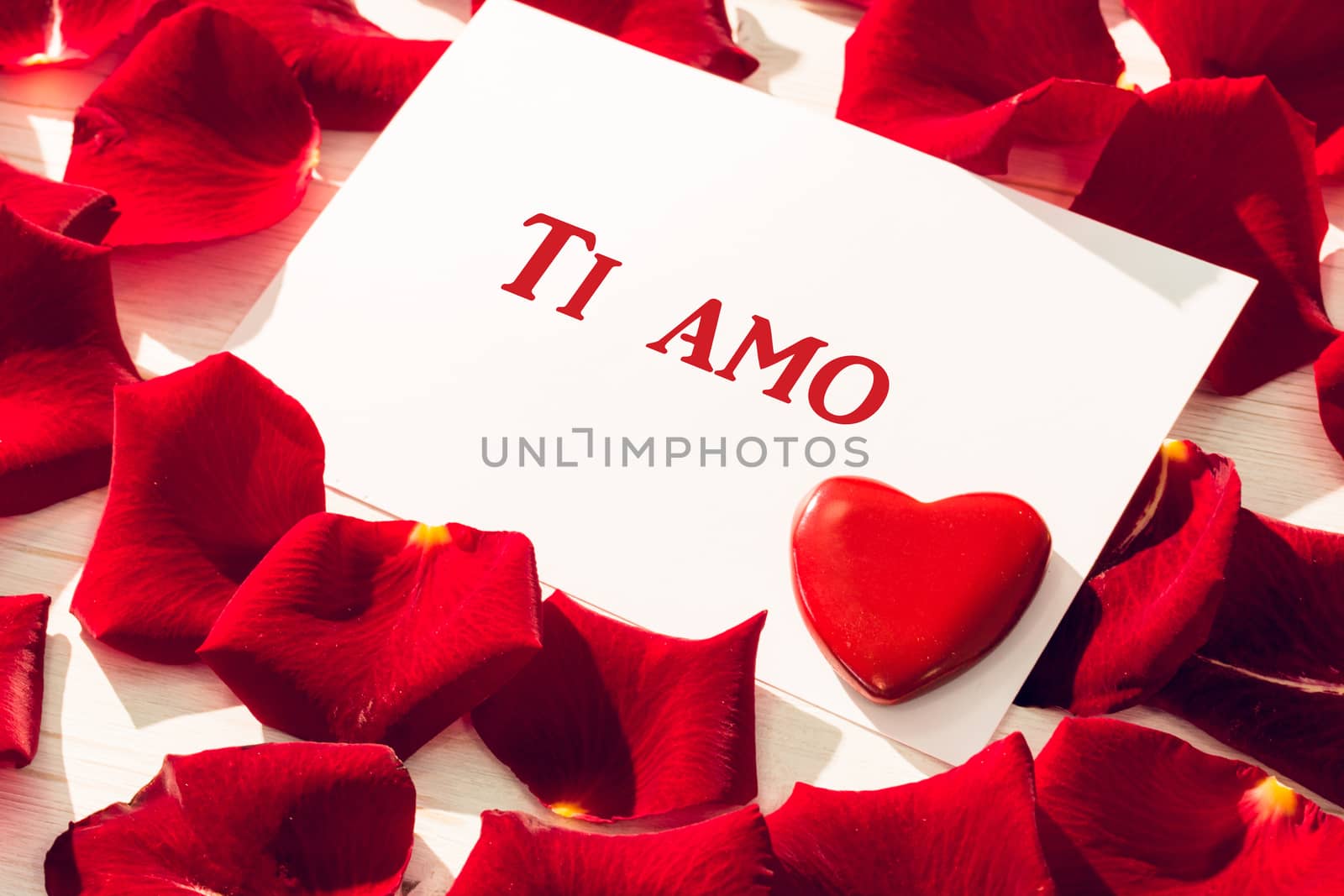 ti amo against card with red rose petals