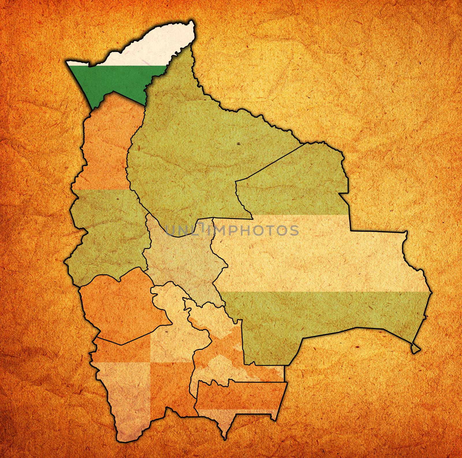 territory and flag of Pando region on map with administrative divisions and borders of Bolivia with clipping path