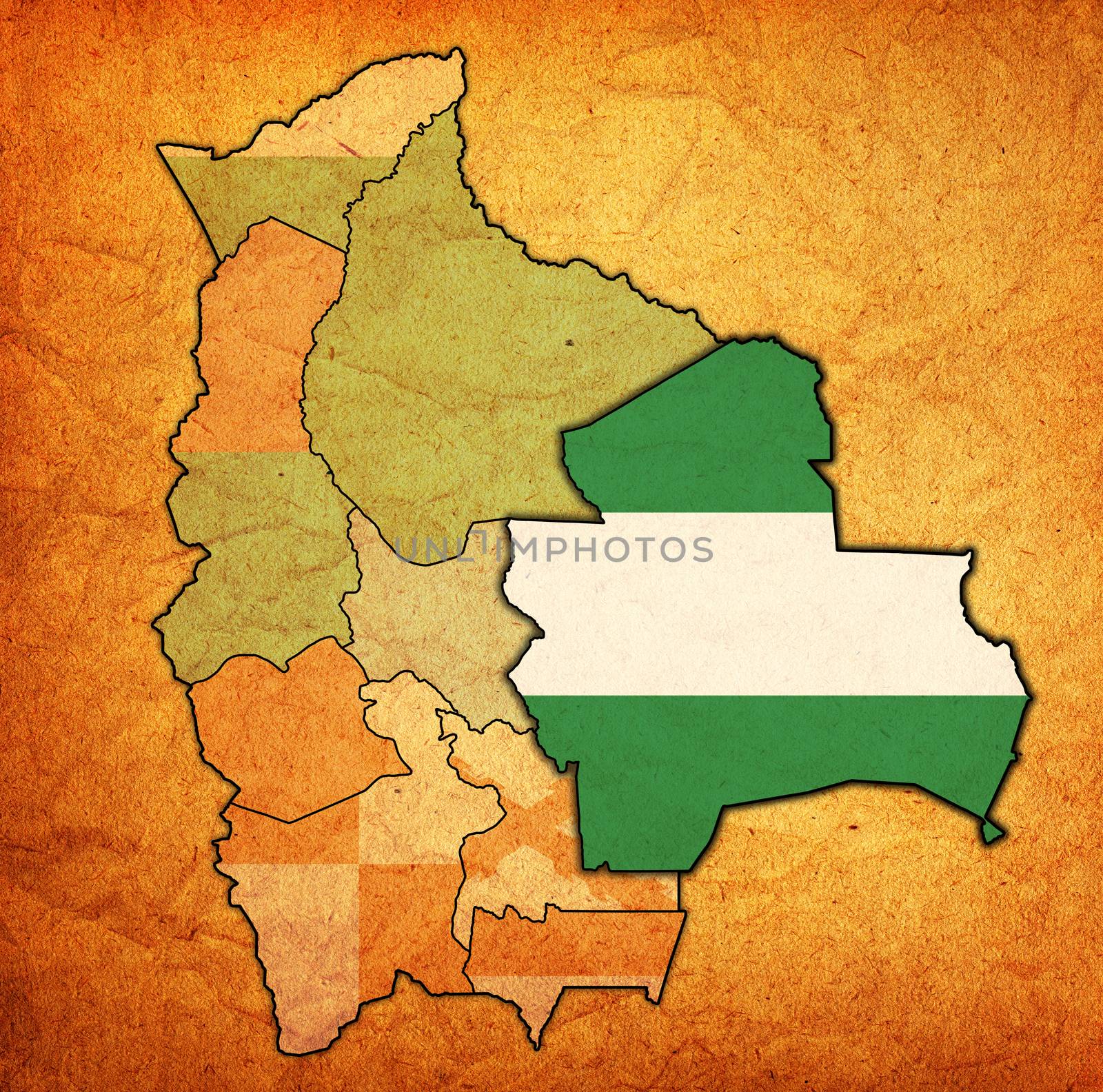 territory and flag of Santa Cruz region on map with administrative divisions and borders of Bolivia with clipping path