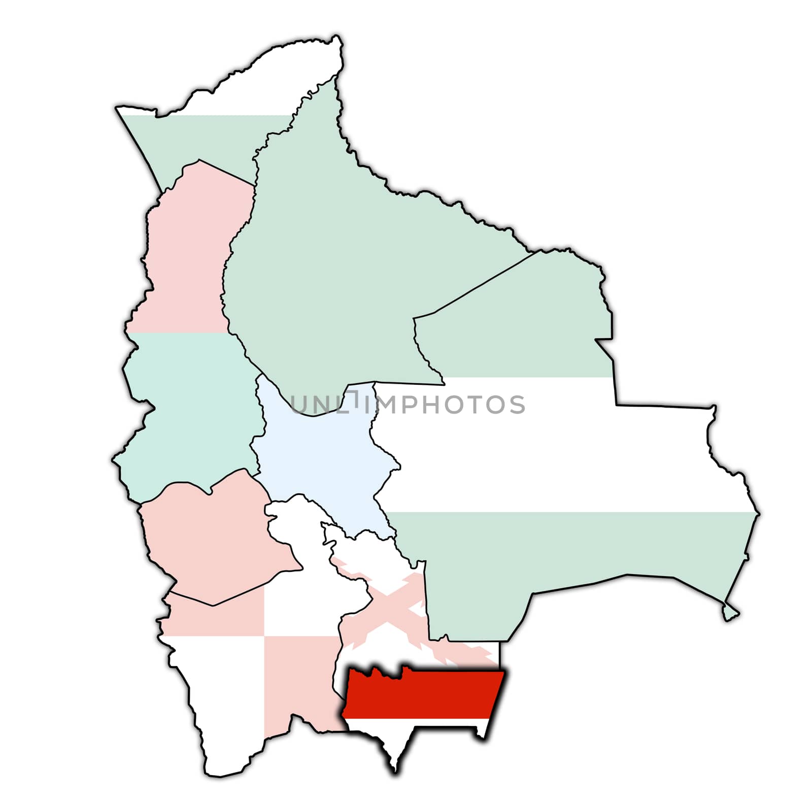 territory and flag of Tarija region on map with administrative divisions and borders of Czech Republic with clipping path