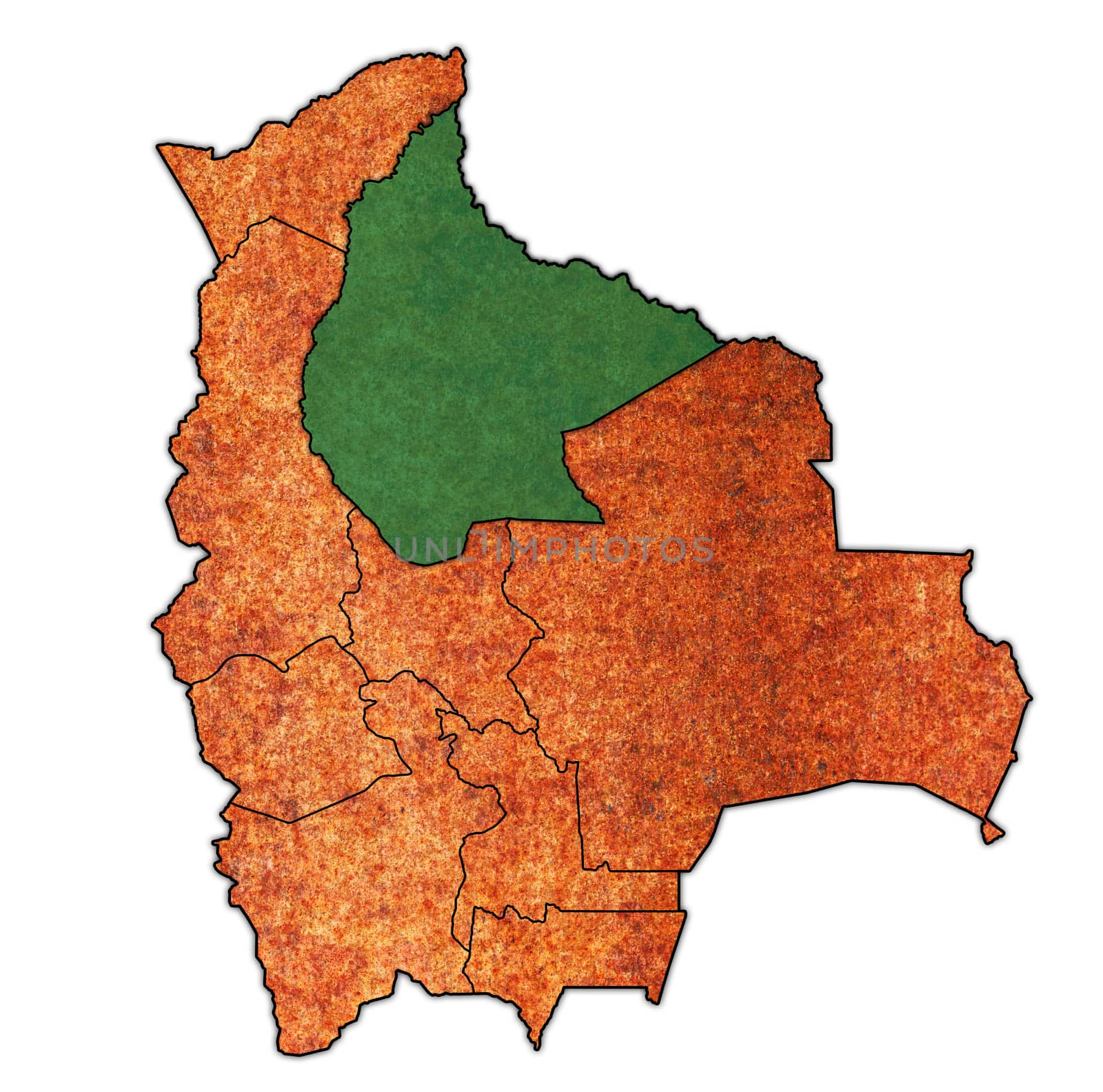 territory and flag of Beni region on map with administrative divisions and borders of Bolivia with clipping path
