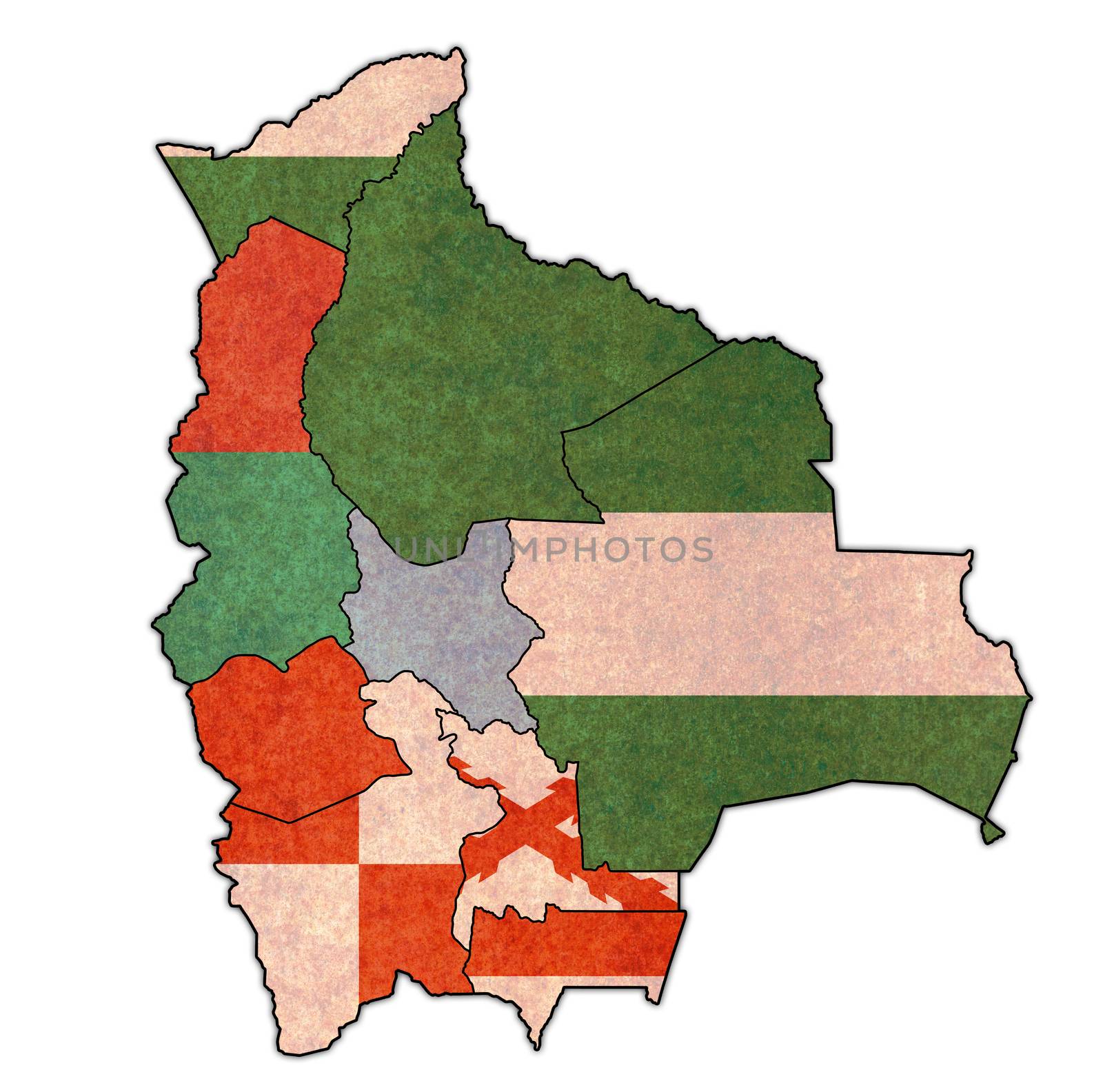 territory and flags regions on map with administrative divisions and borders of Bolivia with clipping path