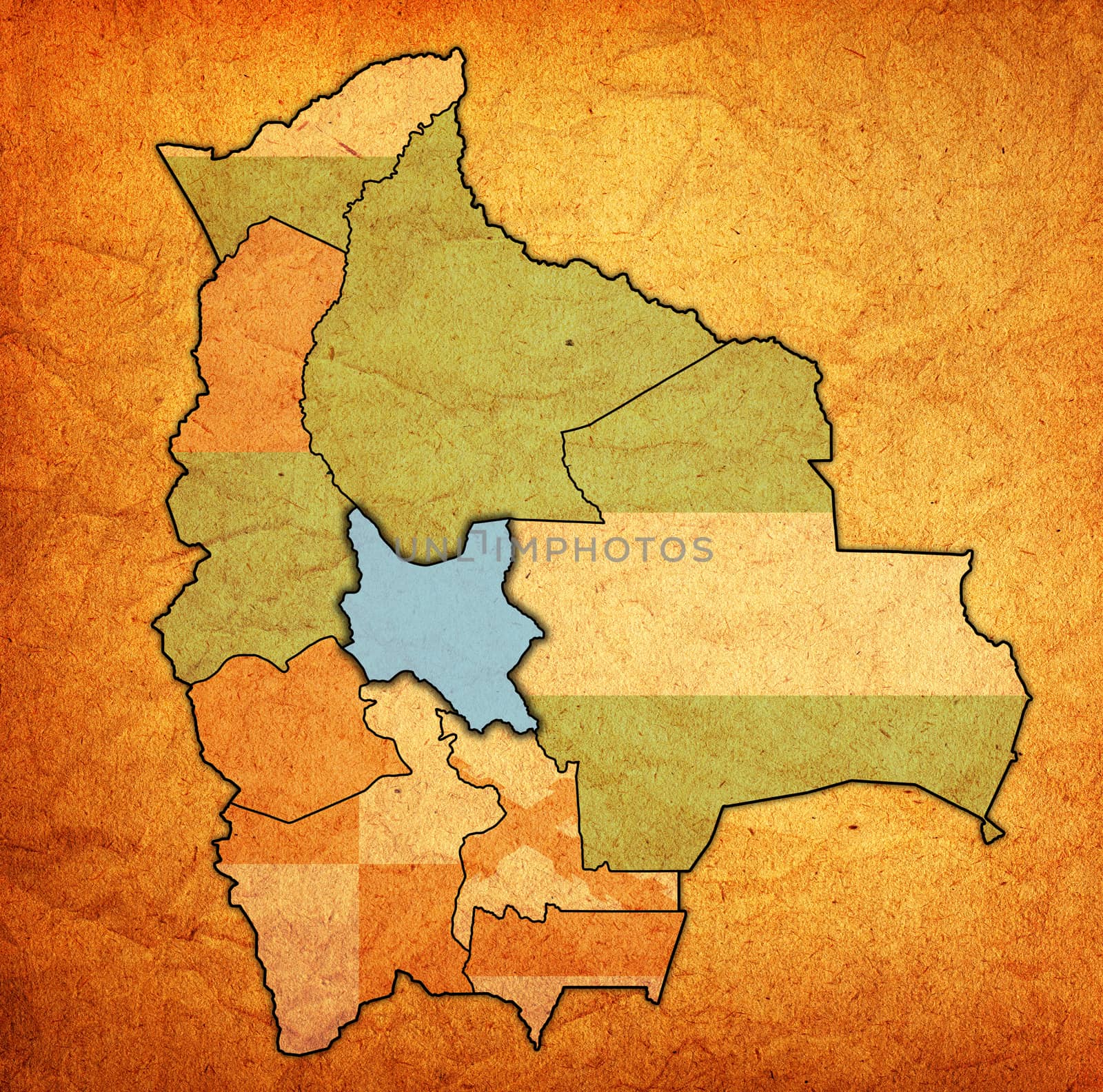 territory and flag of cochabamba region on map with administrative divisions and borders of Bolivia with clipping path