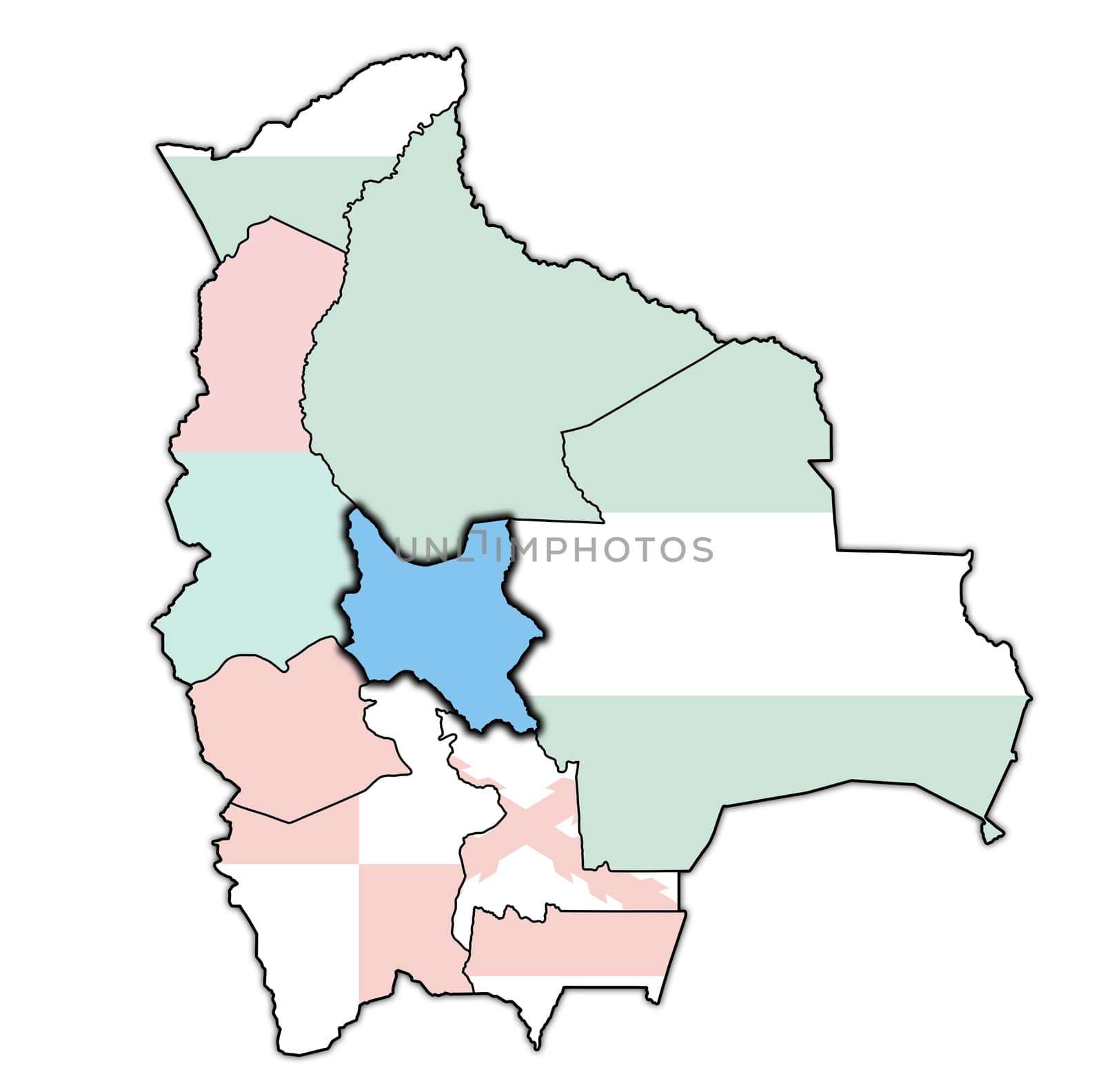 territory and flag of cochabamba region on map with administrative divisions and borders of Bolivia with clipping path