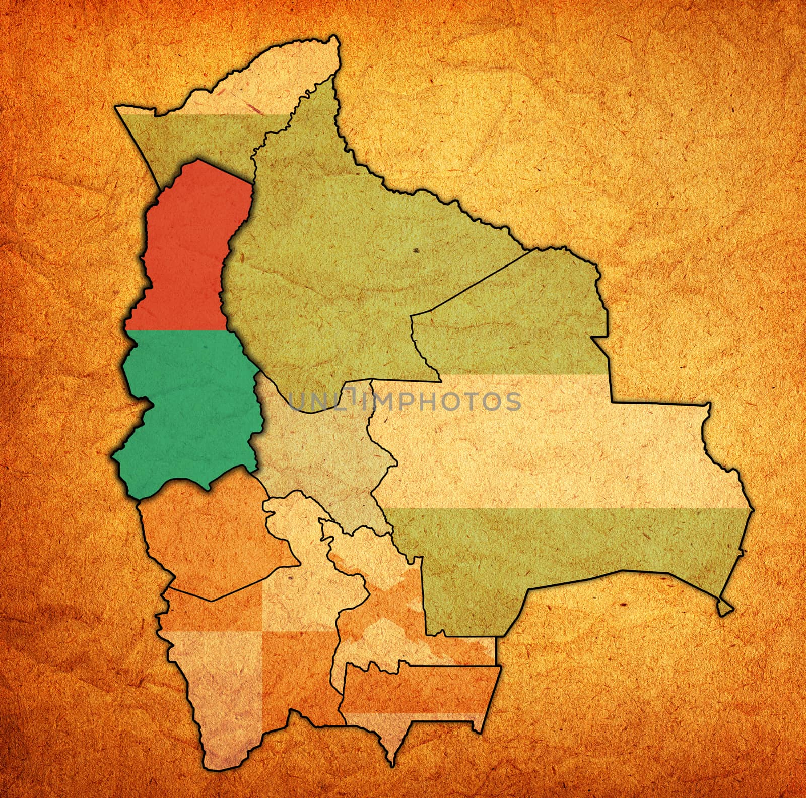 territory and flag of La Paz region on map with administrative divisions and borders of Bolivia with clipping path