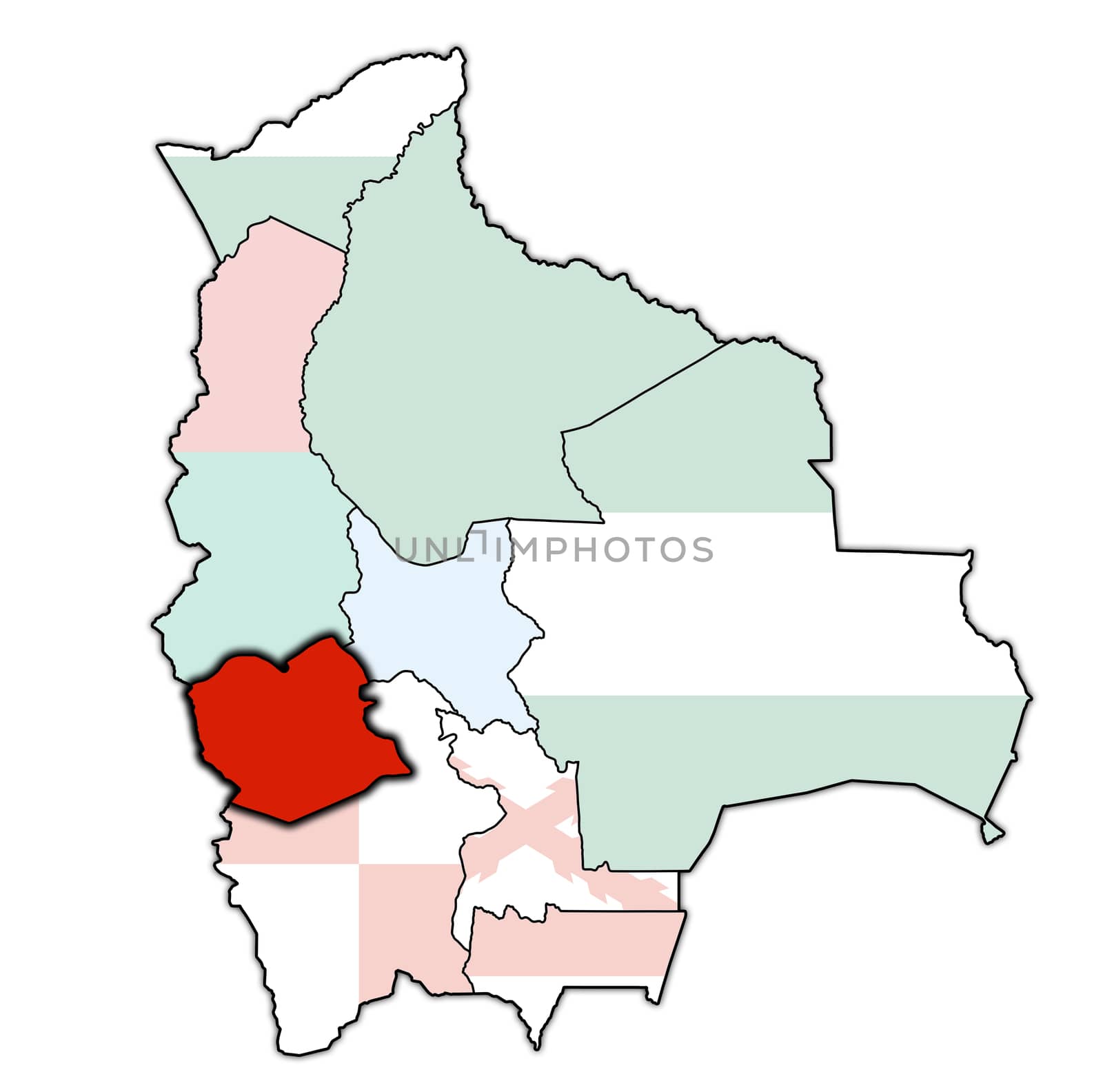 territory and flag of Oruro region on map with administrative divisions and borders of Bolivia with clipping path