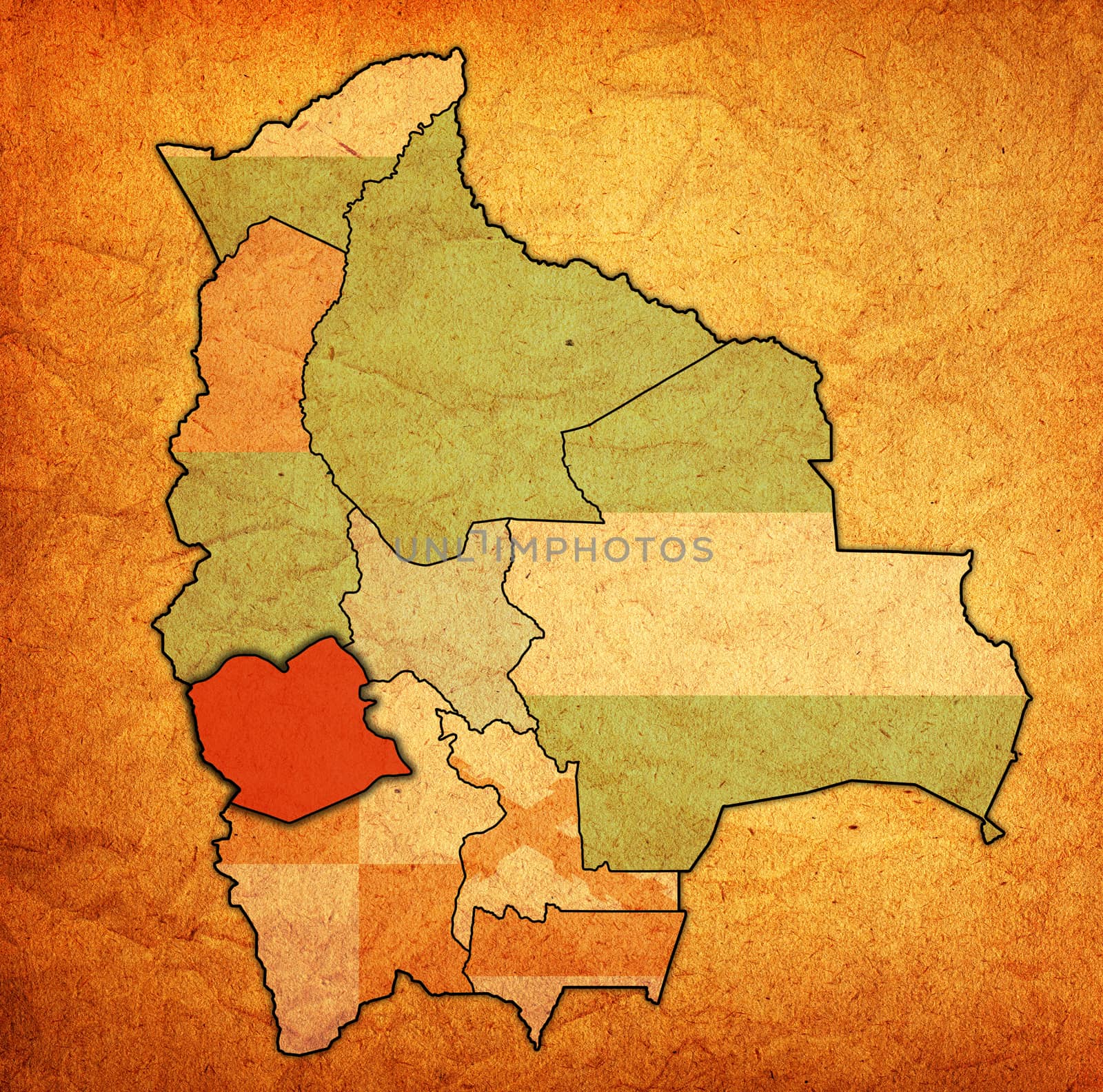 territory and flag of Oruro region on map with administrative divisions and borders of Bolivia with clipping path