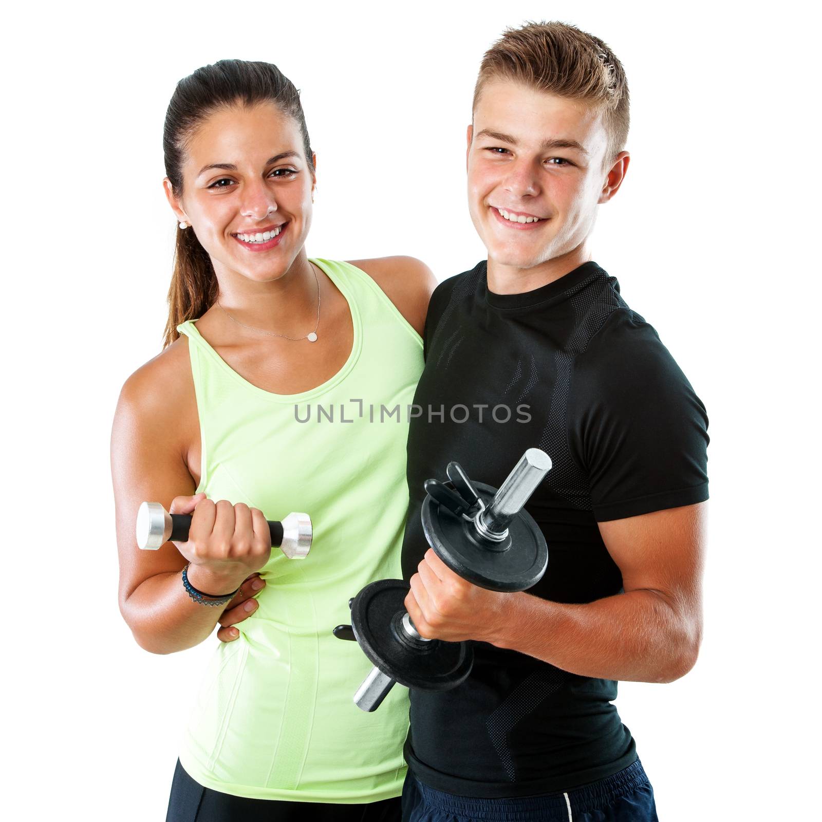 Close up portrait of attractive healthy teen gym couple with dumbbells.Isolated on white background.