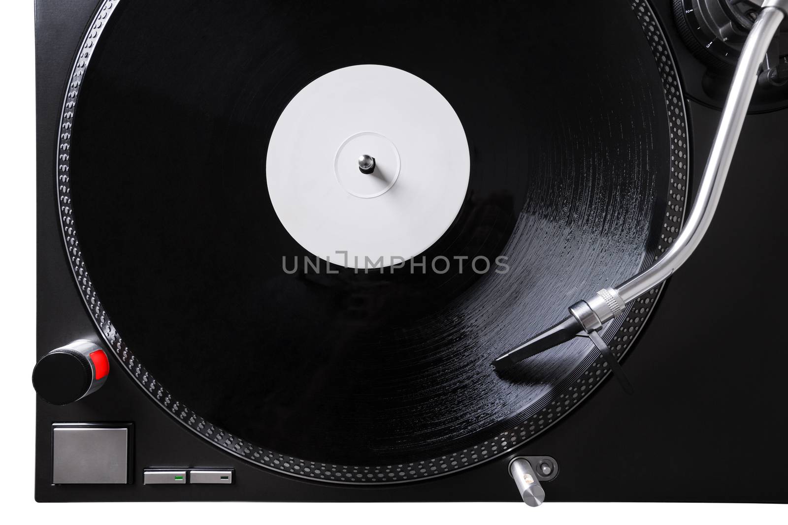 Turntable with black record and headshell, closeup top view