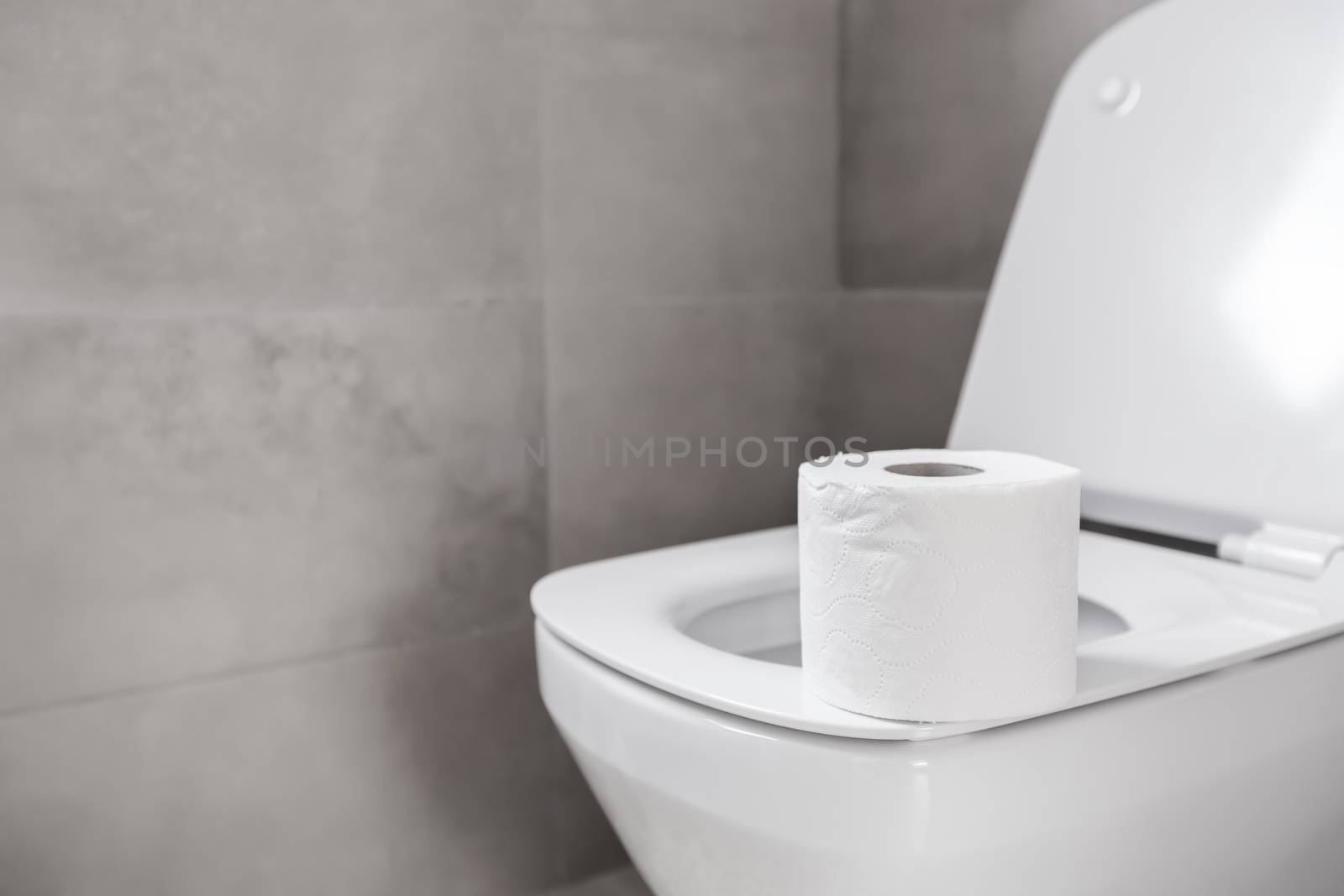 Roll of toilet paper on seat at restroom by photopixel