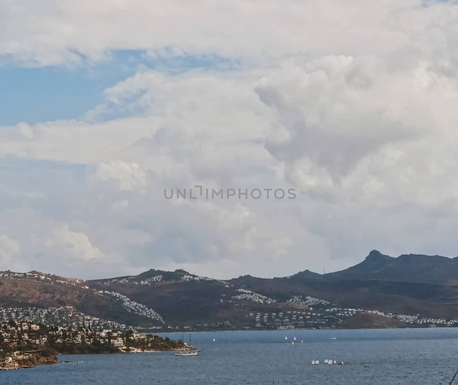 Mediterranean coast and cloudy sky, beautiful panoramic sea view and coastal nature scene