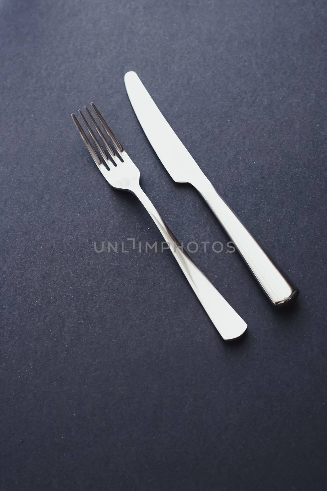 Fork and knife, silver cutlery for table decor, minimalistic design and diet concept