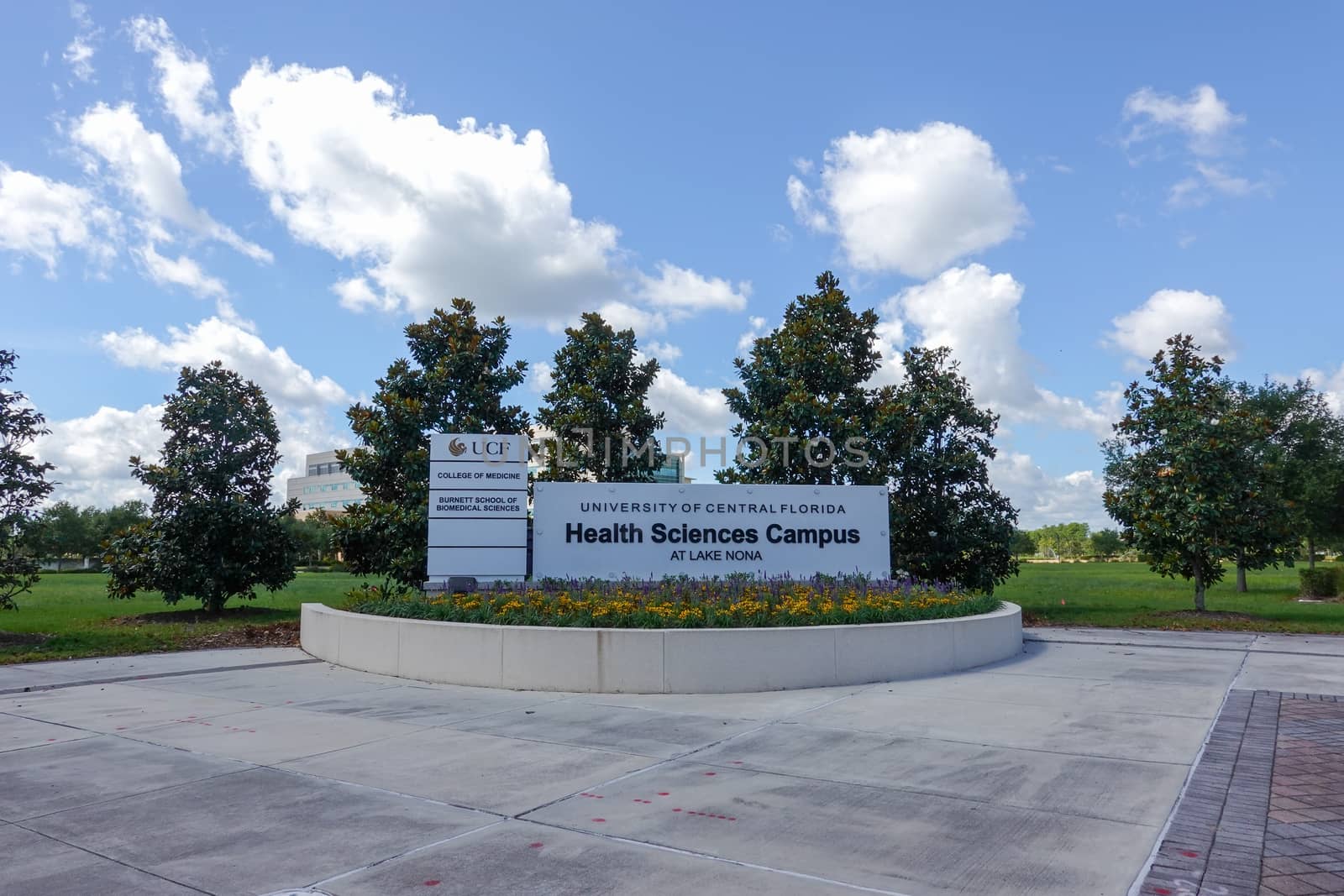 Orlando,FL/USA -5/6/20:  The sign at the entrance of the University of Central Florida School of Medicine in Lake Nona in Orlando, Florida.