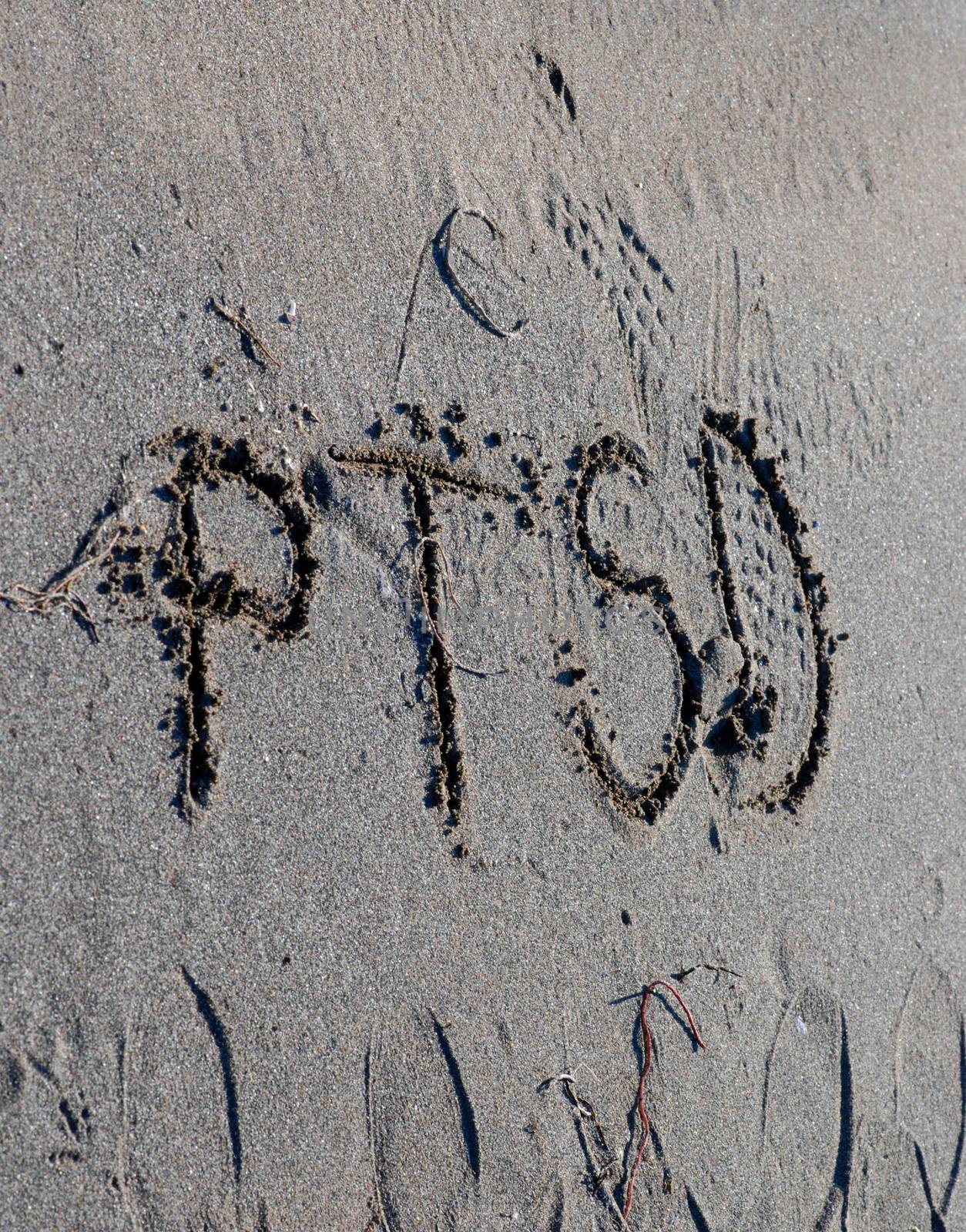 ptsd text on a beach sand, mental health concept