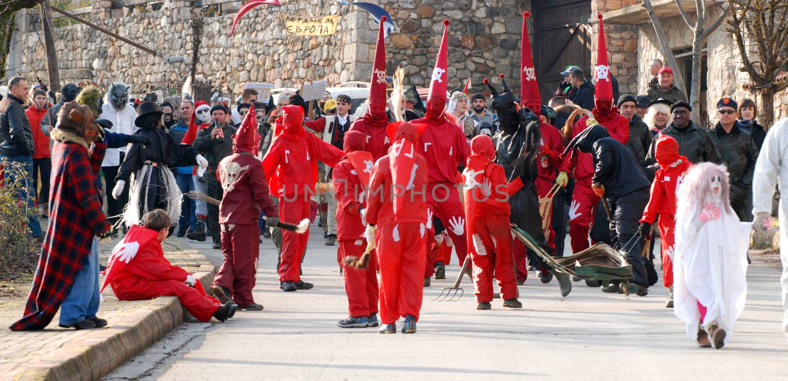 VEVCANI, MACEDONIA - 13 JANUARY , 2020: General atmosphere with dressed up participants at an annual Vevcani Carnival, in southwestern Macedonia