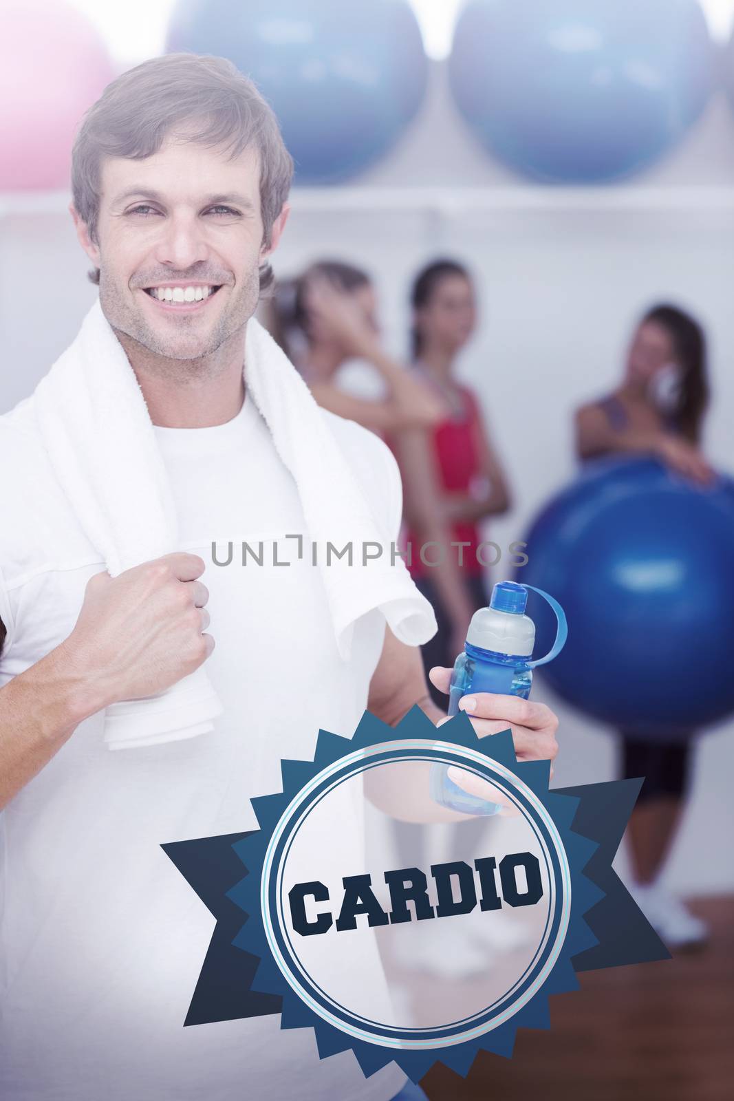 The word cardio and man holding water bottle with friends in background at fitness studio against badge