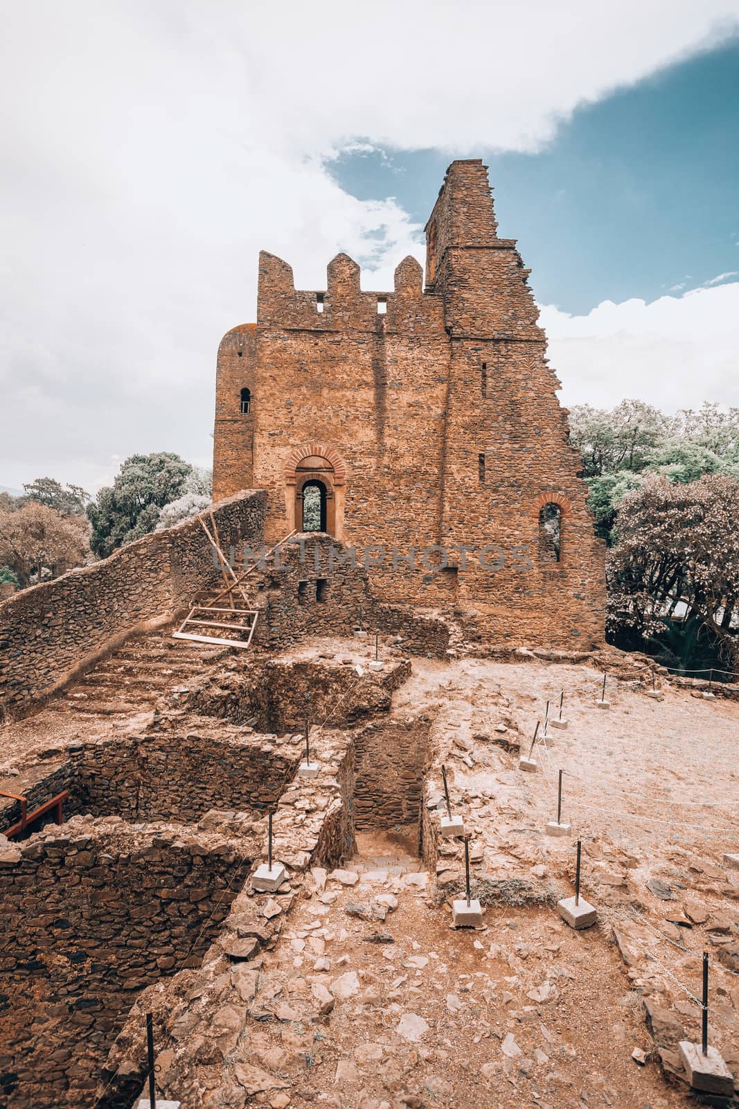ruins of Fasil Ghebbi, Royal fortress-city castle in Gondar, Ethiopia. Imperial palace is called Camelot of Africa. UNESCO World Heritage Site.