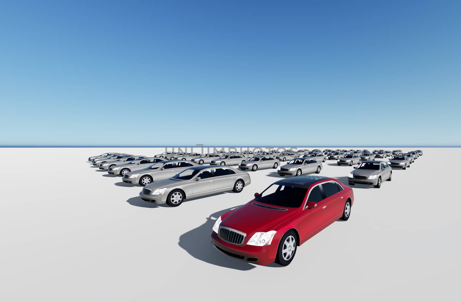 3d illustration of hundreds  cars, one red made in 3d software
