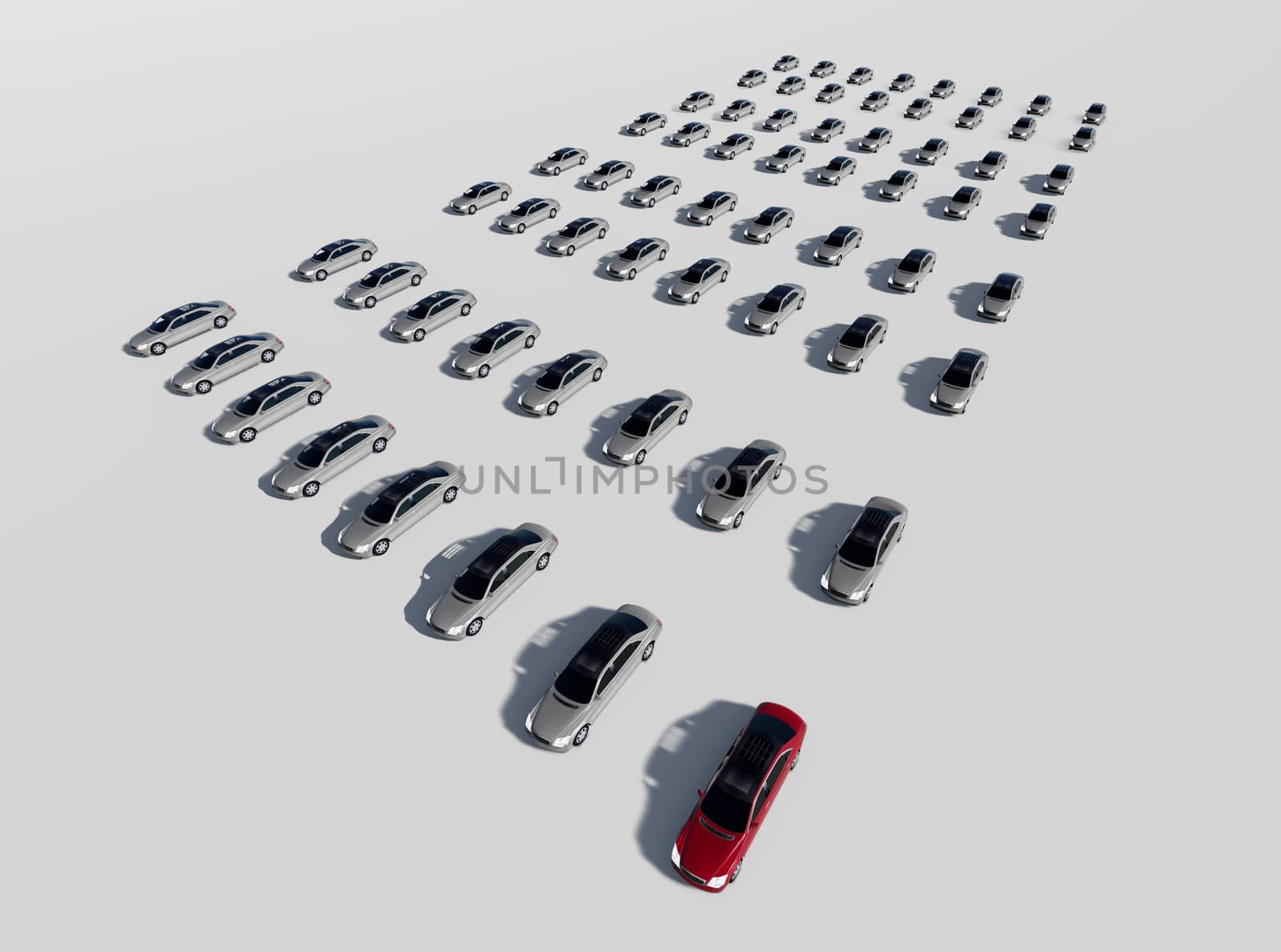 3d illustration of hundreds  cars, one red made in 3d software
