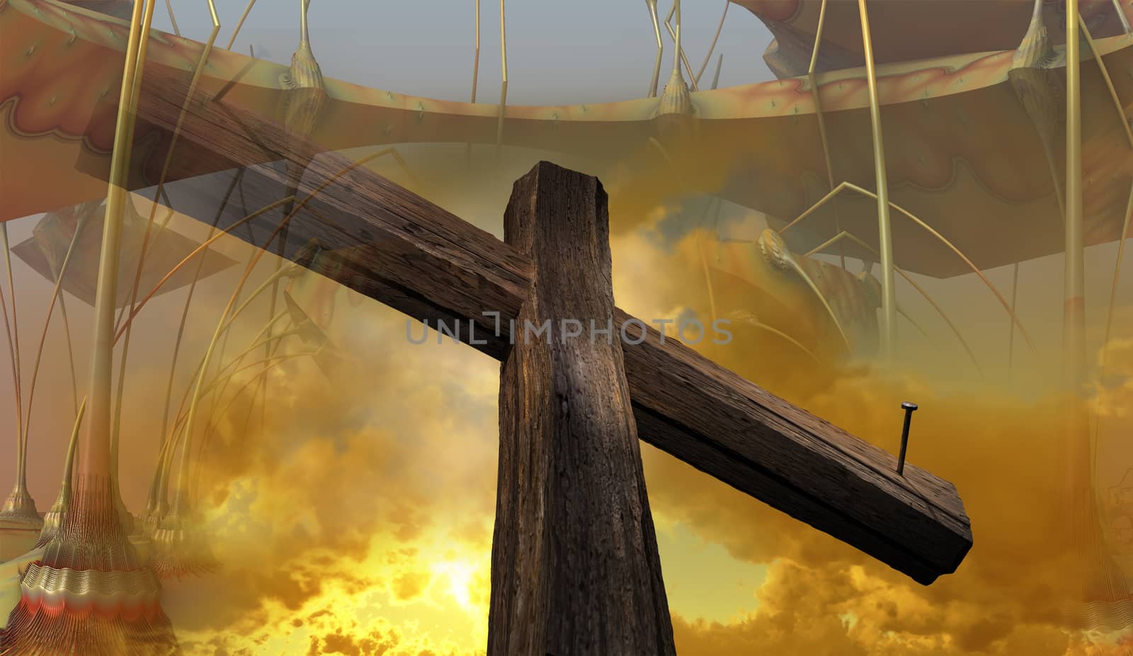 3d rendering - Wooden cross against the futuristic background

