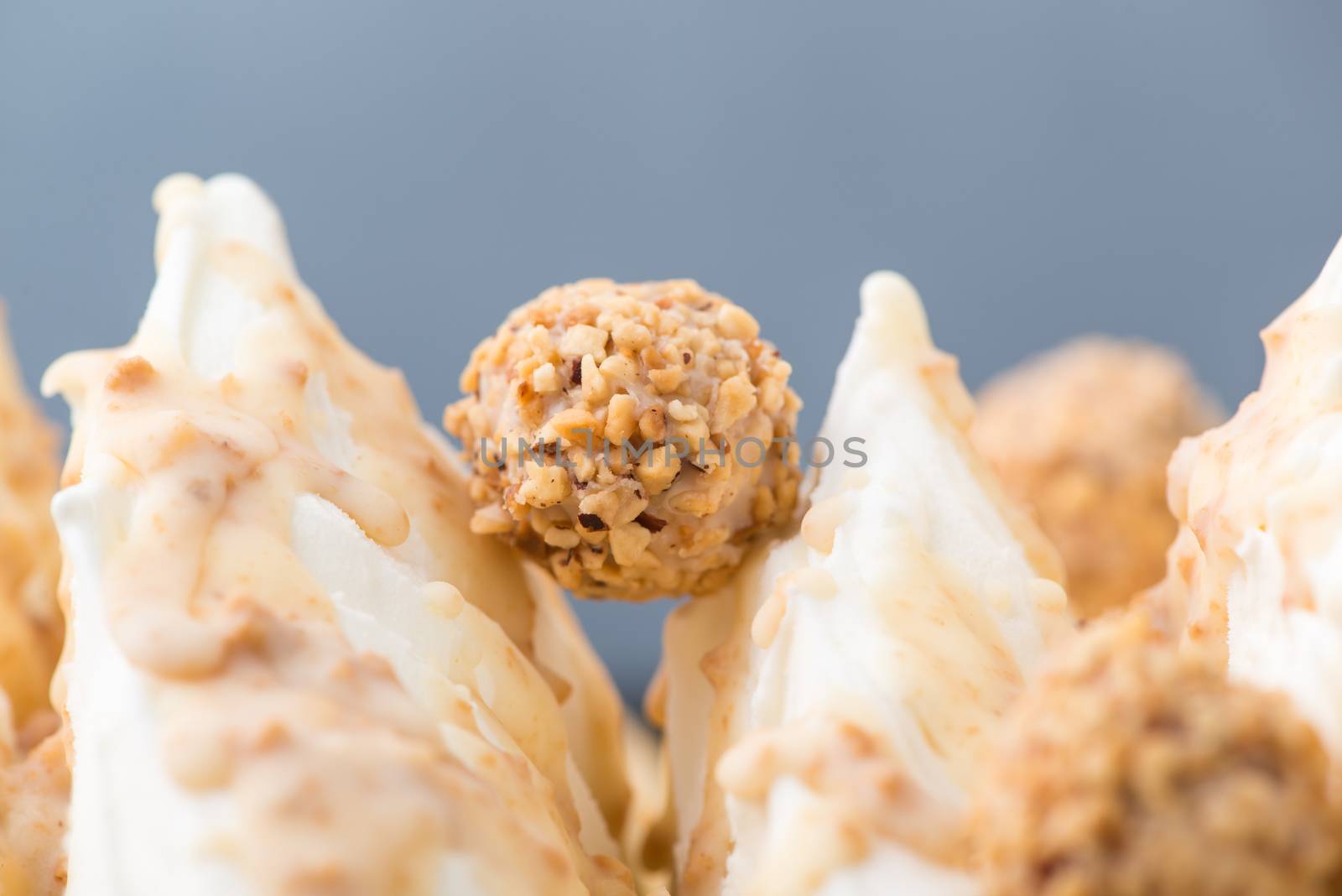 close-up of appetizing ice cream with candy, macro photography