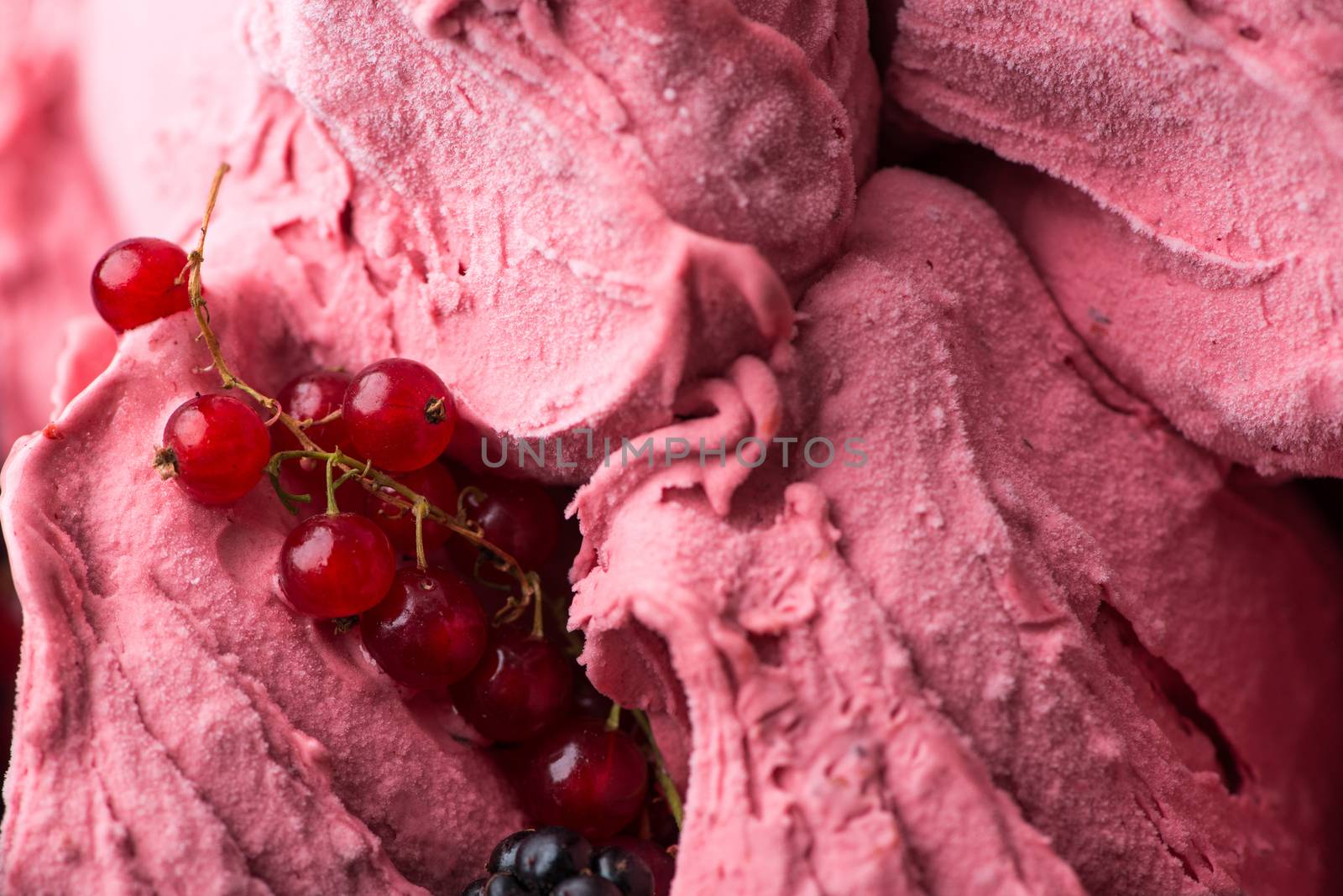 close-up of appetizing ice cream with berries, macro photography