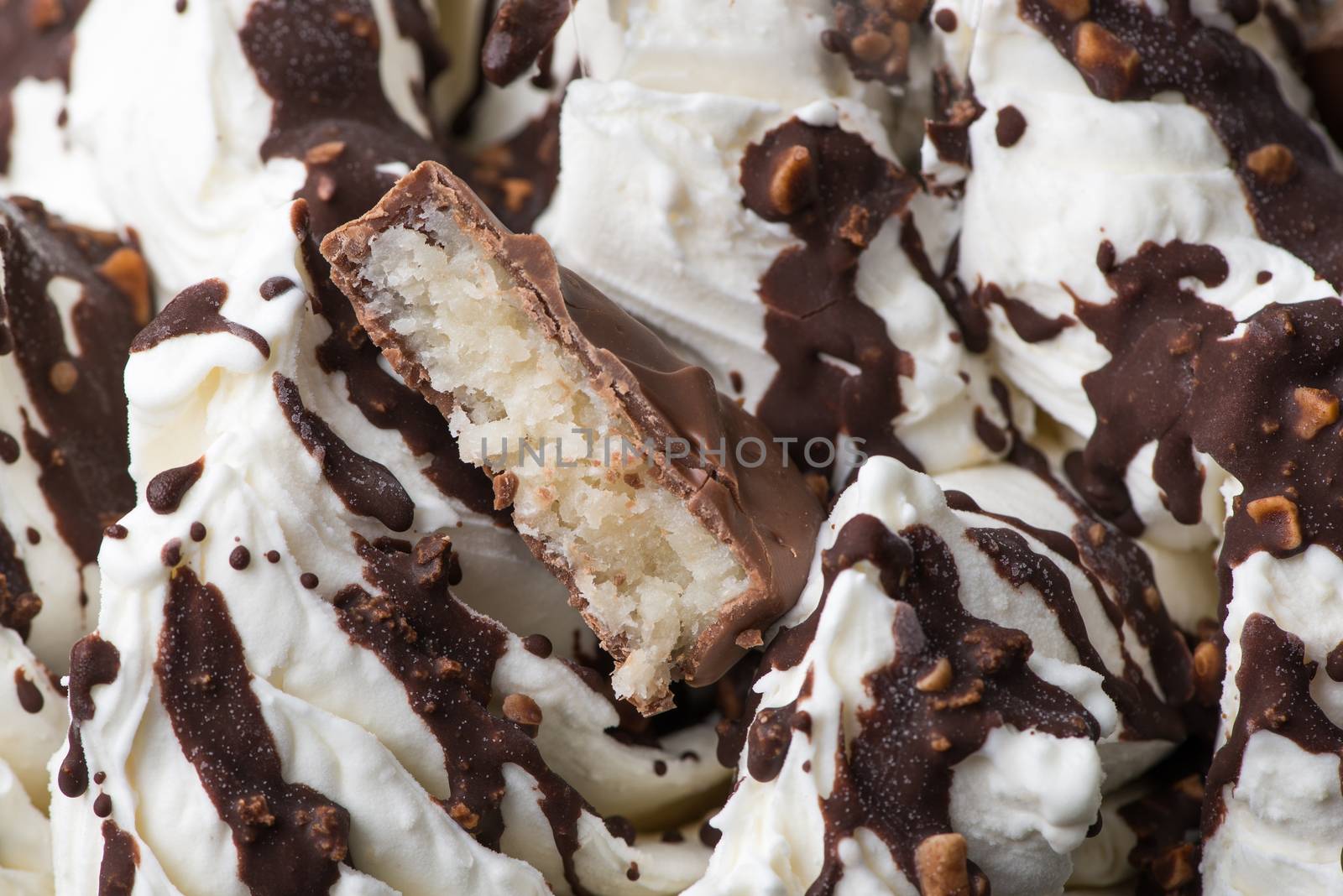 close-up of appetizing ice cream with candy, macro photography