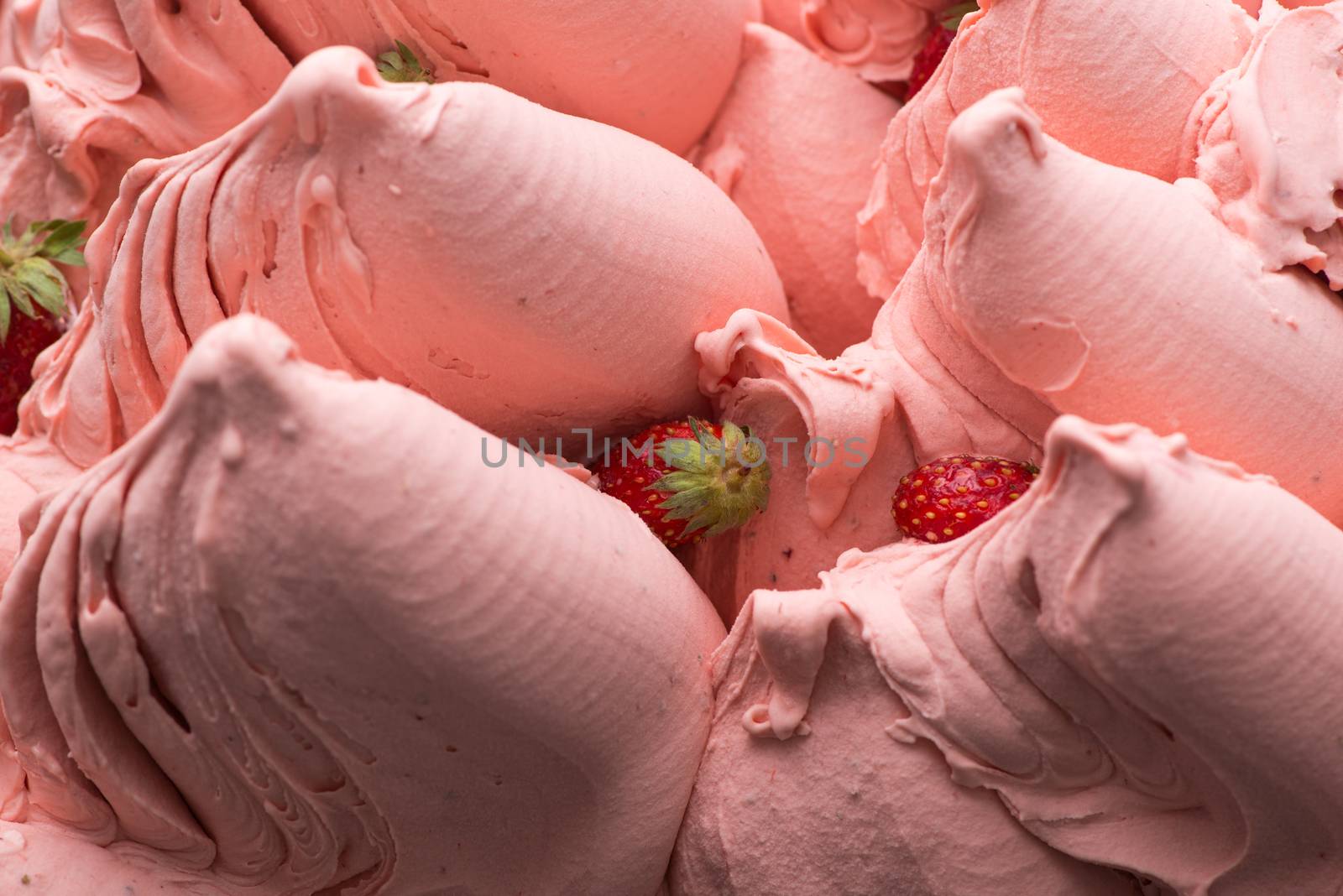 close-up of appetizing ice cream with strawberries, macro photography