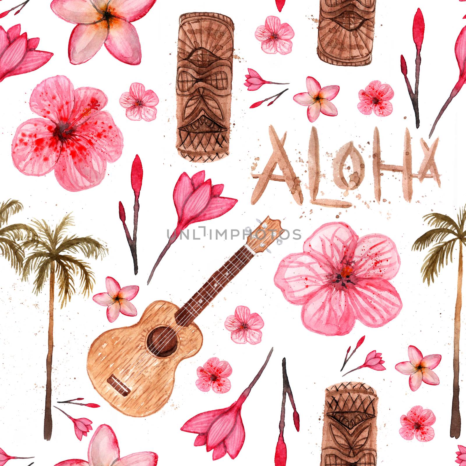 Hawaiian simbols - Luau, Aloha, Tiki, Ukulele, Plumeria, hibiscus palm tree Seamless pattern Watercolor illustration