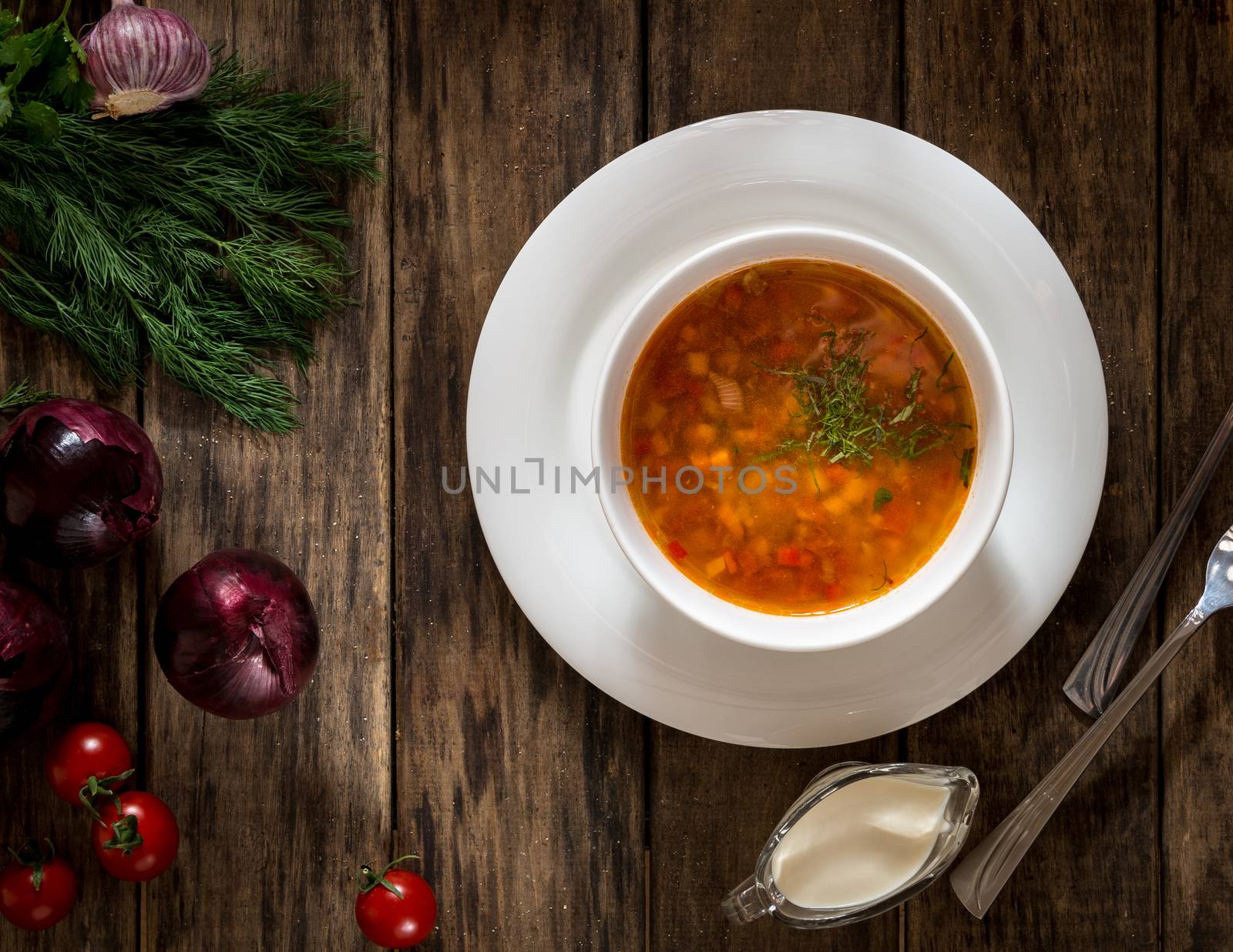 vegetable soup decorated with dill and onion, top view