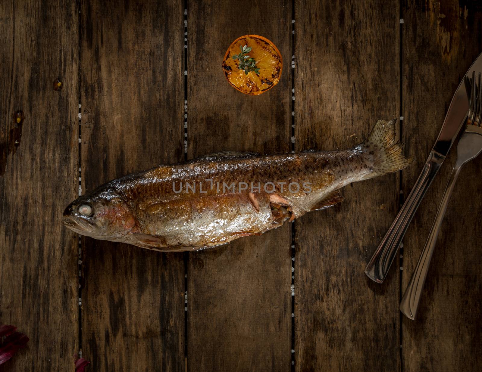 baked fish on wooden boards, top view