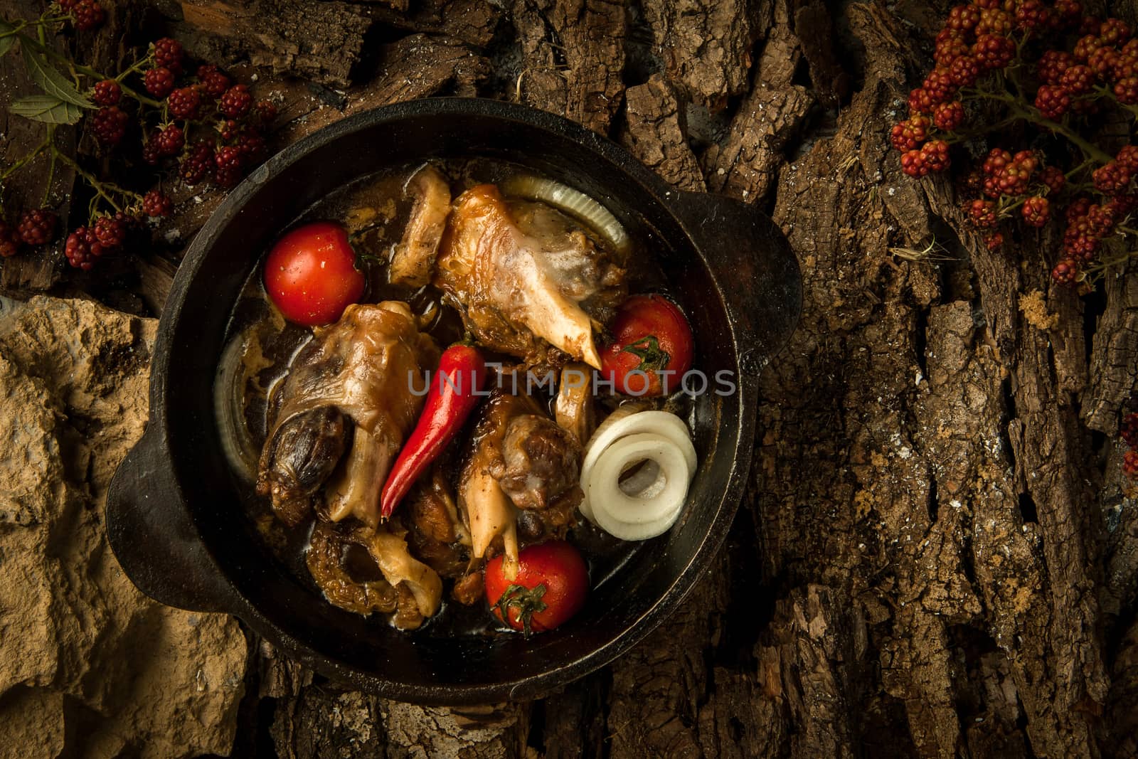 chicken dish with vegetables in a frying pan on the background of tree bark
