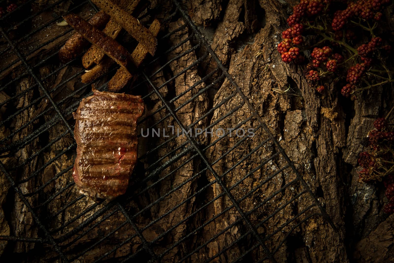 piece fried meat with berries on the grill on a background of tree bark