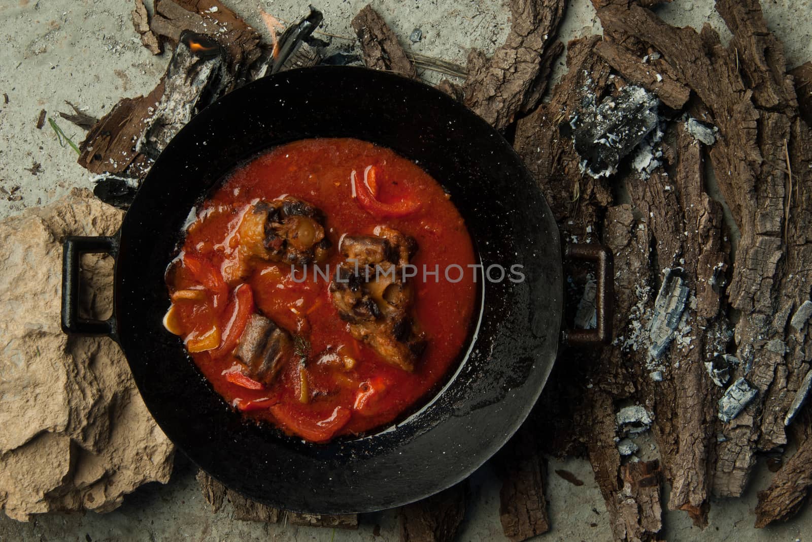 meat dish in a frying pan against the background of the bark of a tree