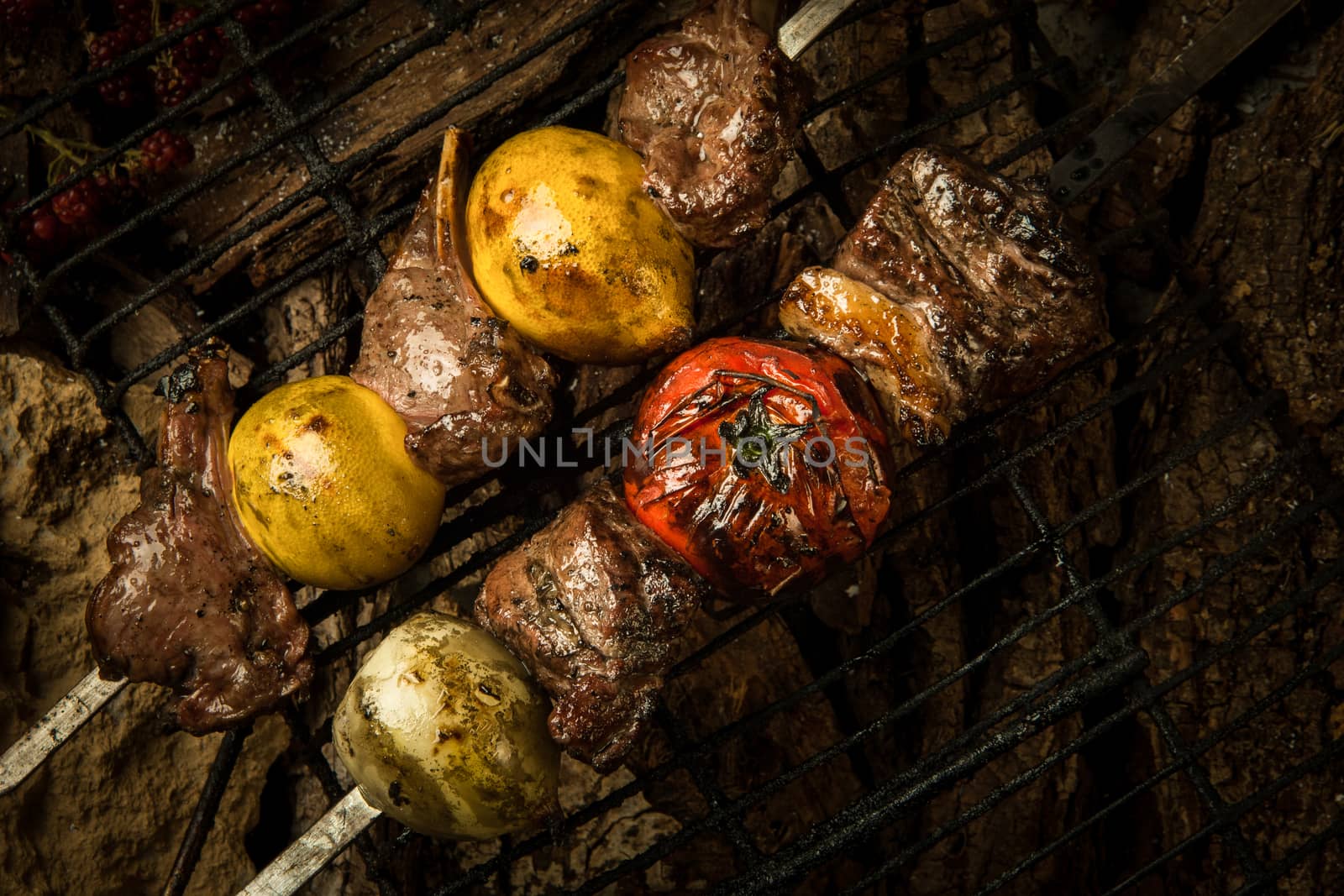pieces of fried meat with lemon on a background of tree bark