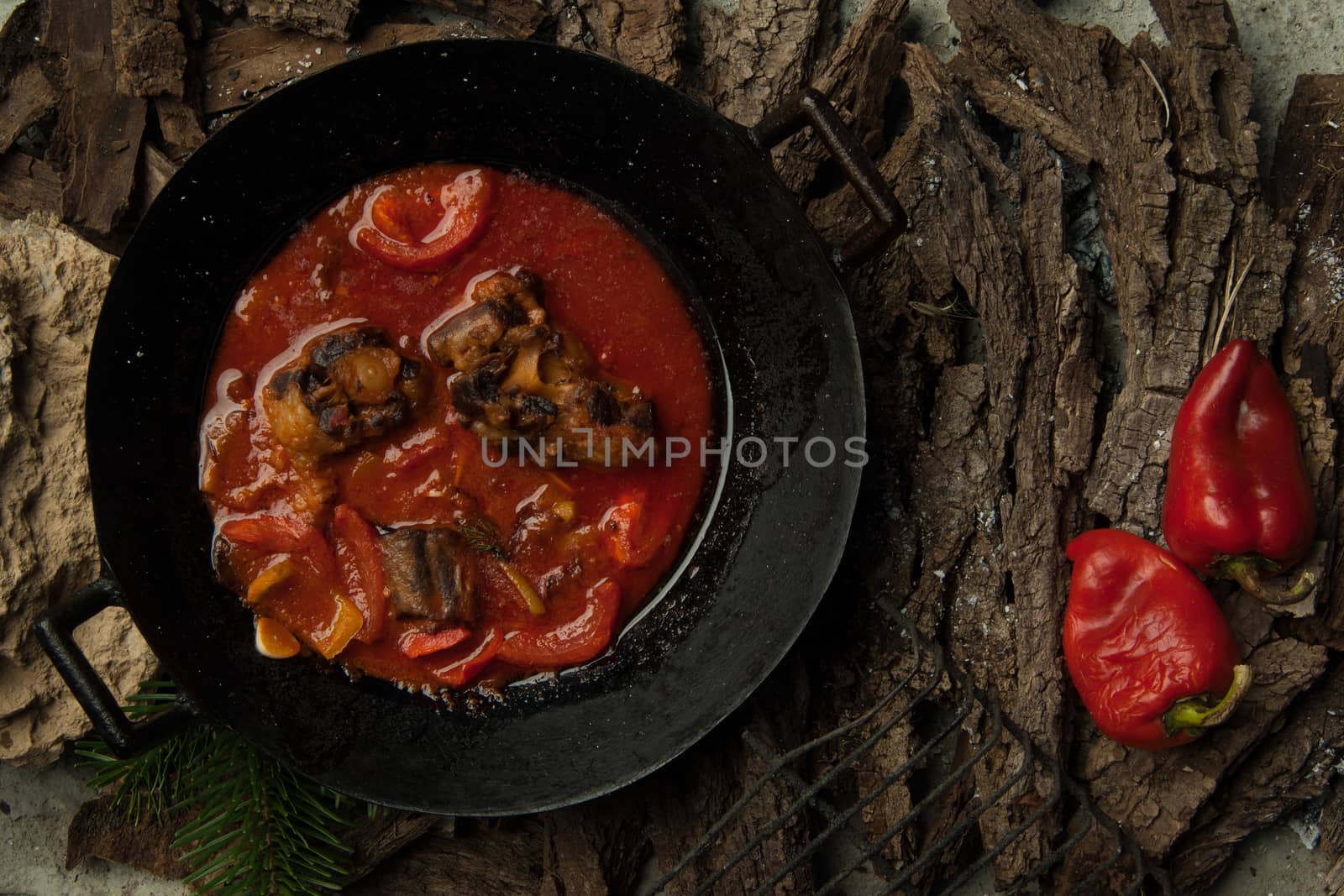 meat dish in a frying pan against the background of the bark of a tree