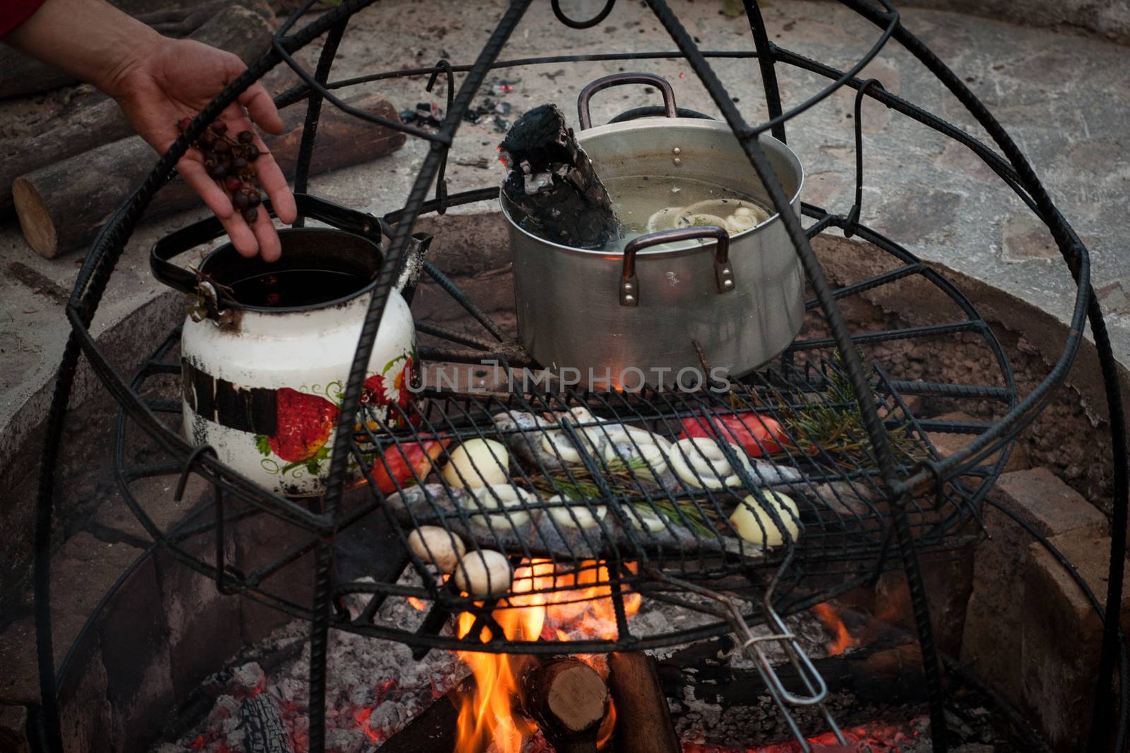 preparation of soup and fish at the stake