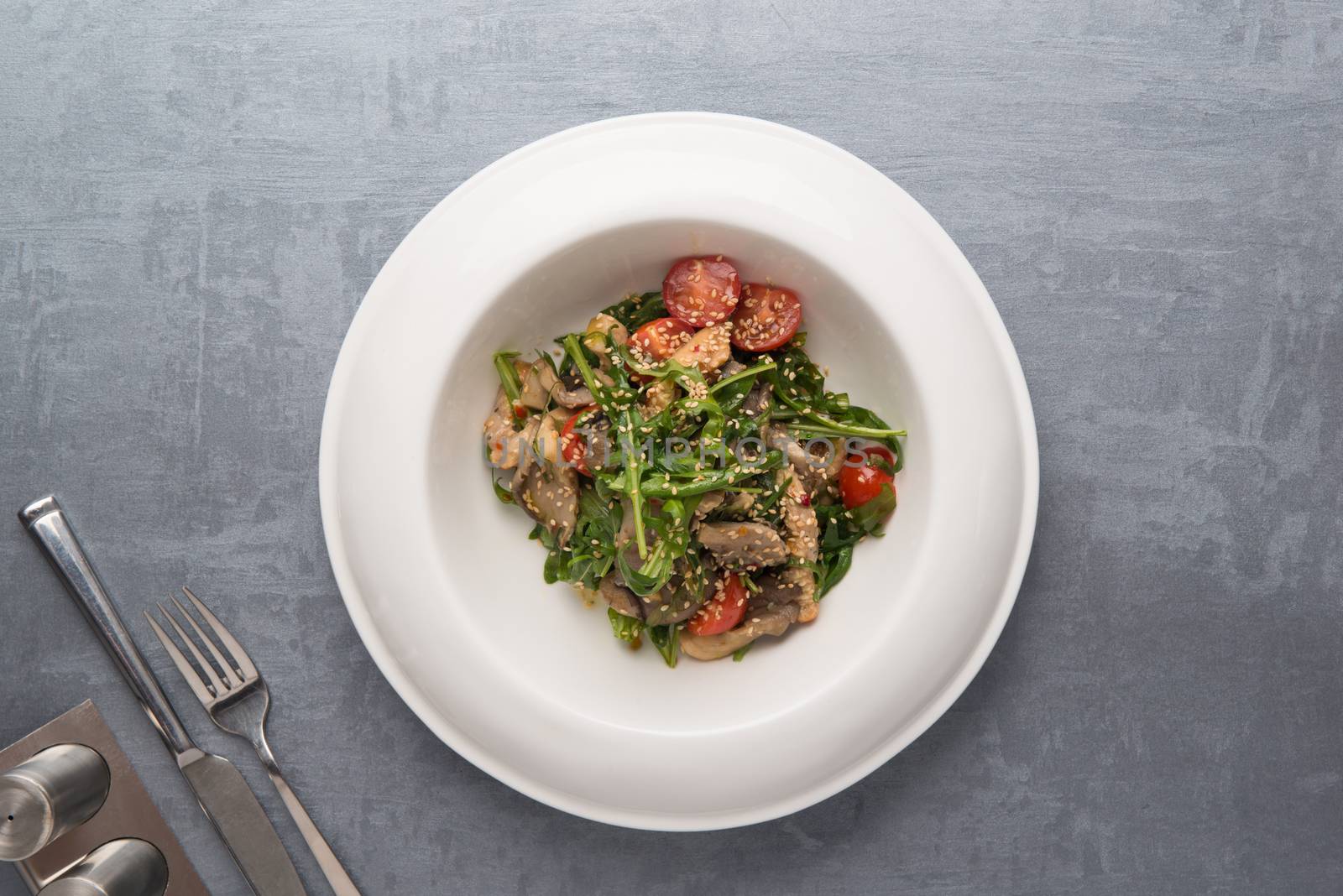 salad with tomatoes and eggplant in a plate on a gray background