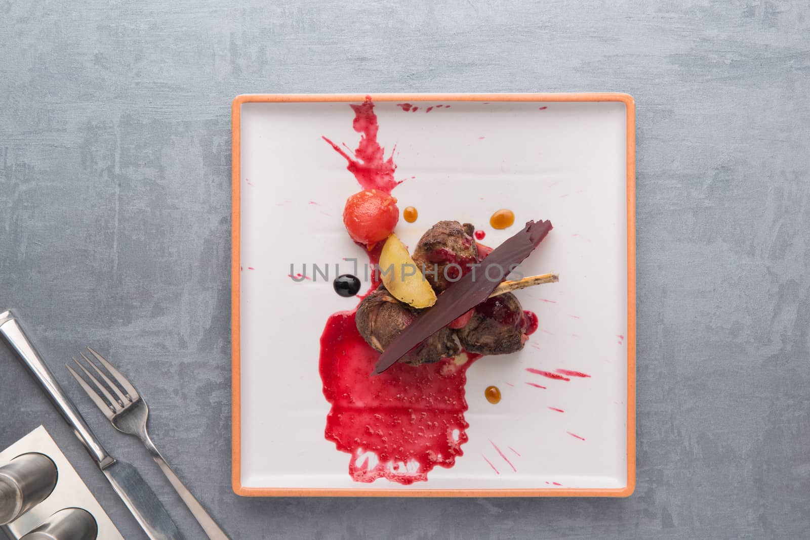 fried meat in a square plate on a gray background