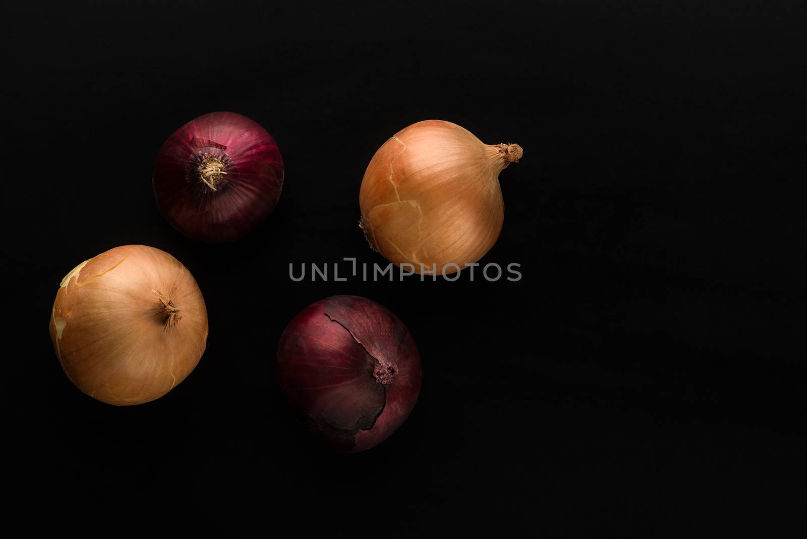 raw and unpeeled onion in red and golden colors on black background top view