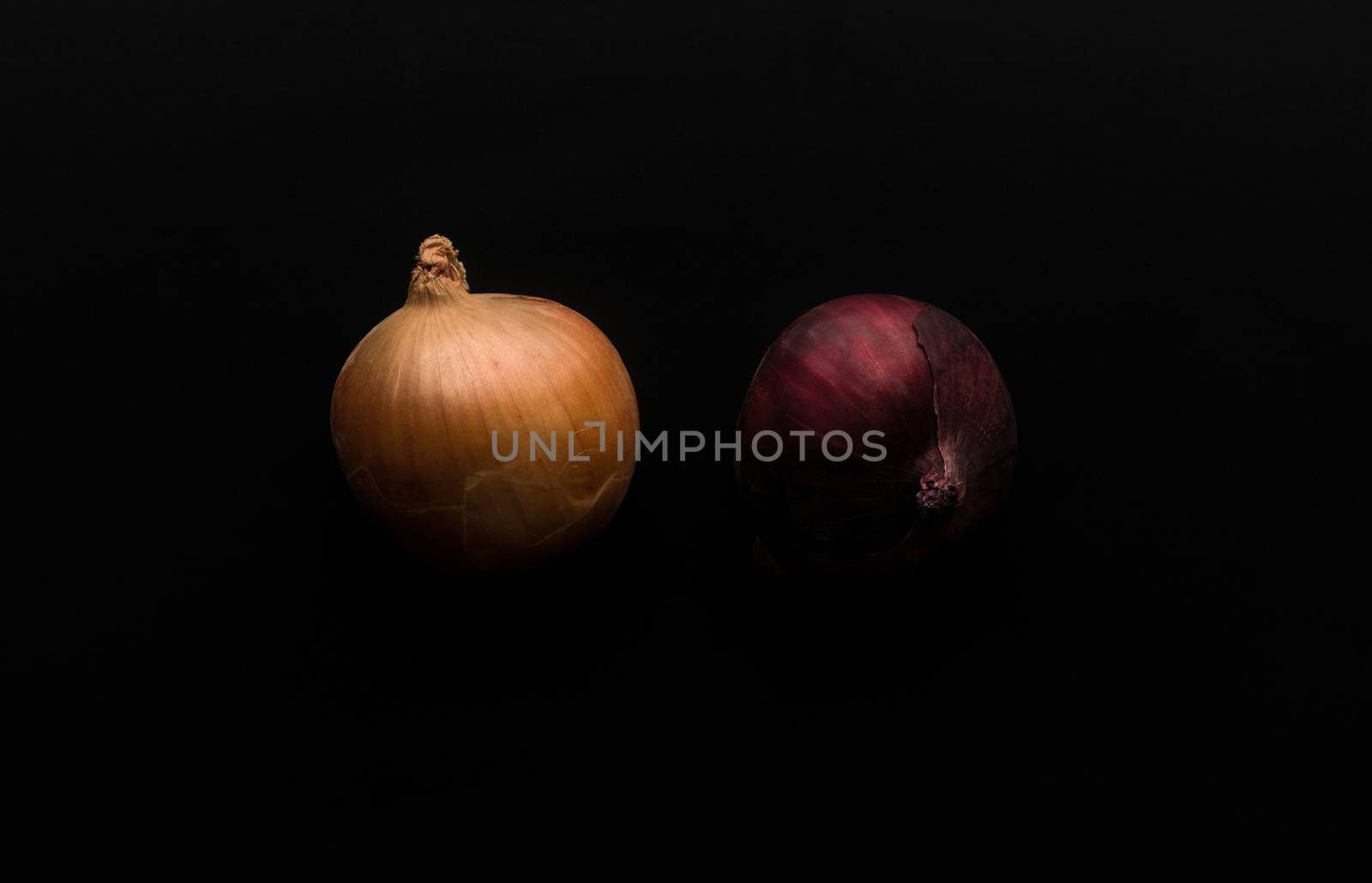 two raw onion on black background top view