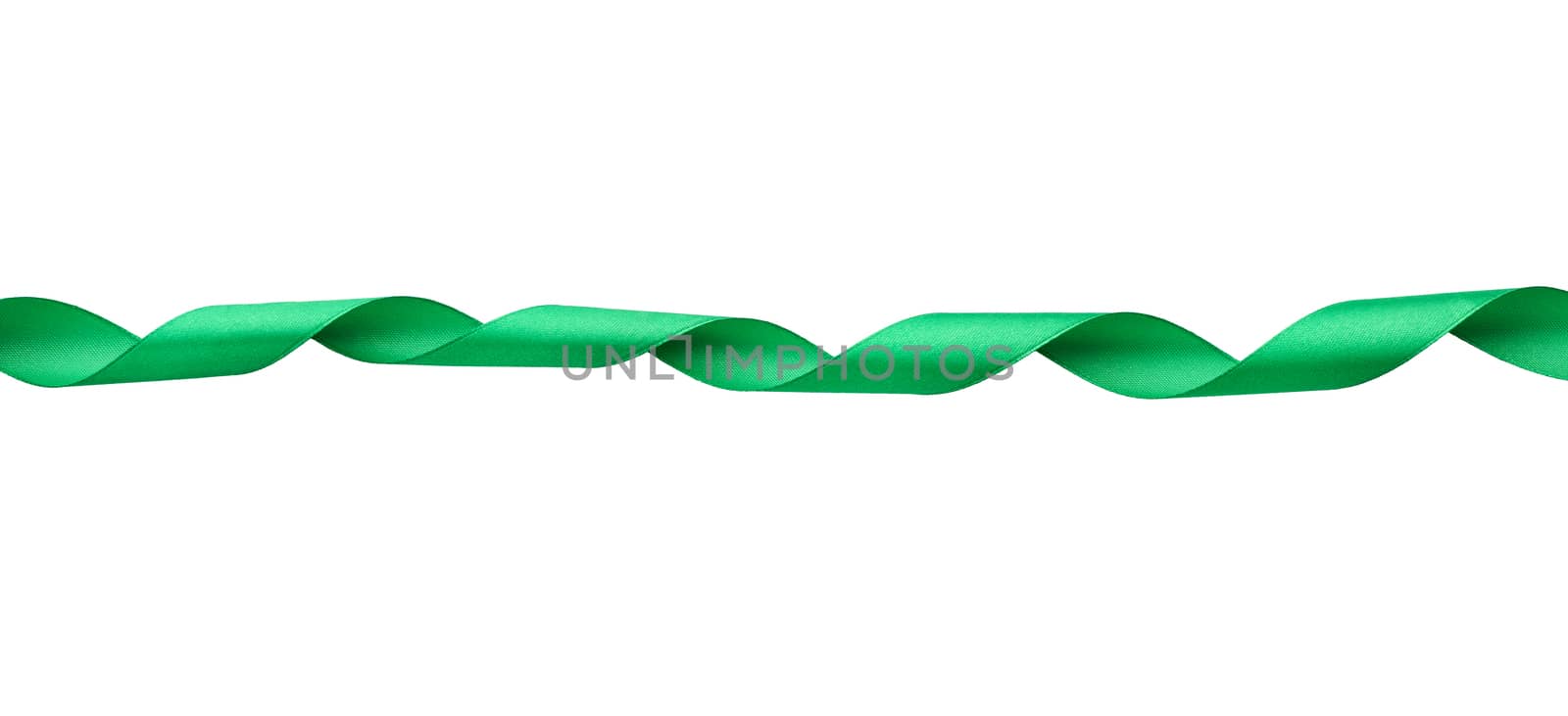 twisted silk green ribbon isolated on white background, decorative element for designer. Festive decoration element. Holiday background.
